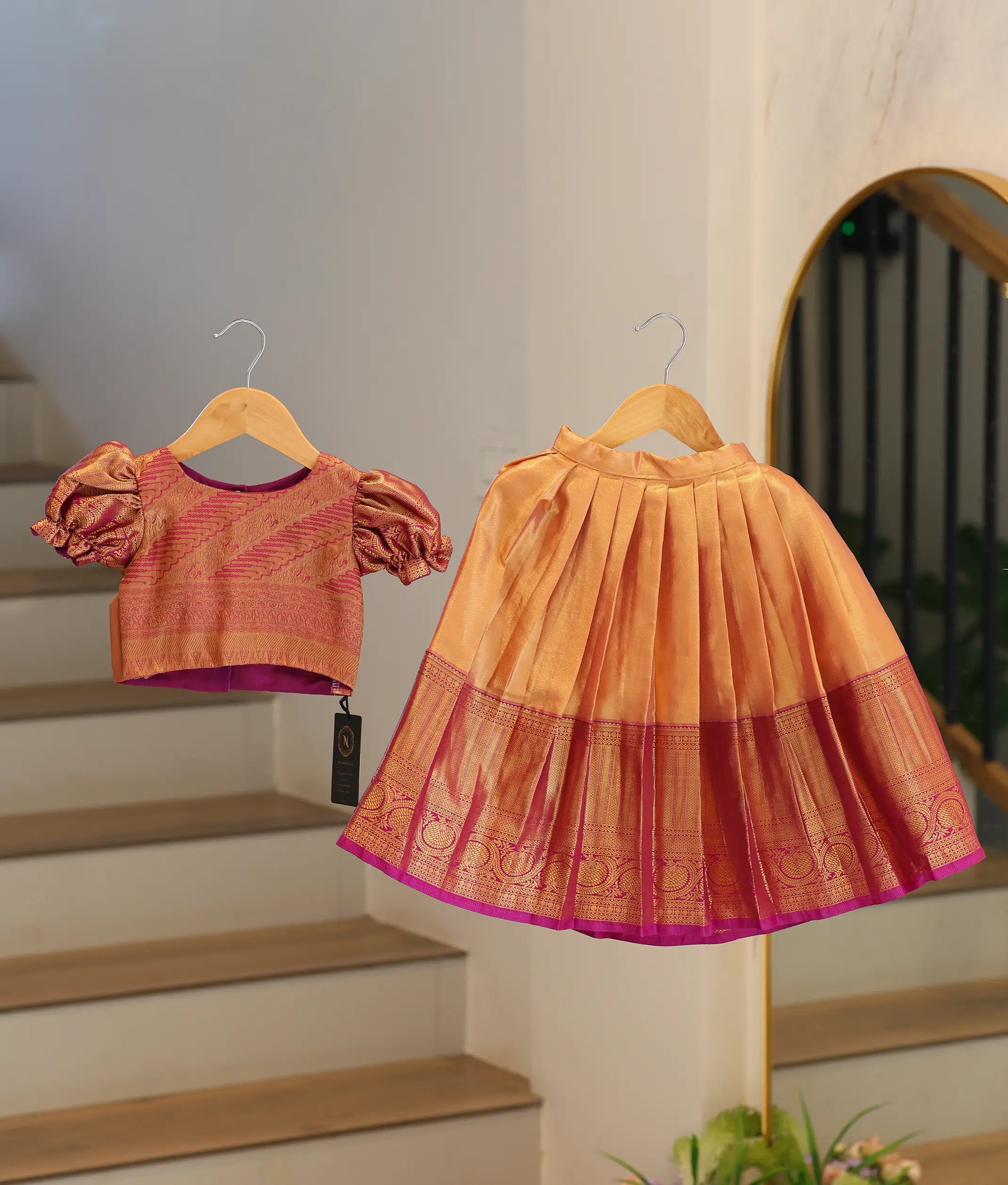 Peach Gold and Magenta Kanchipuram Silk Skirt and Top for Baby Girl [6472]