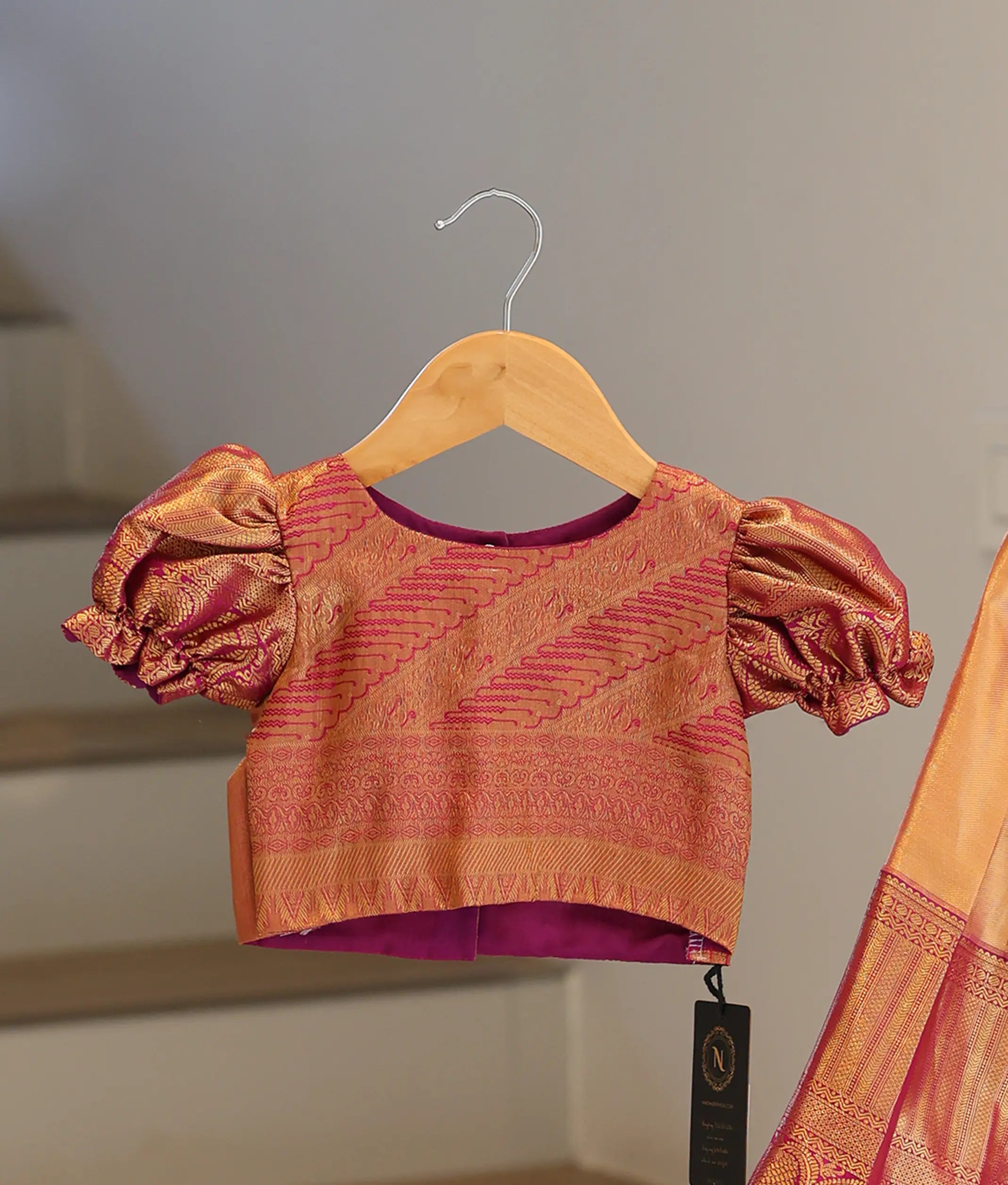 Peach Gold and Magenta Kanchipuram Silk Skirt and Top for Baby Girl [6472]