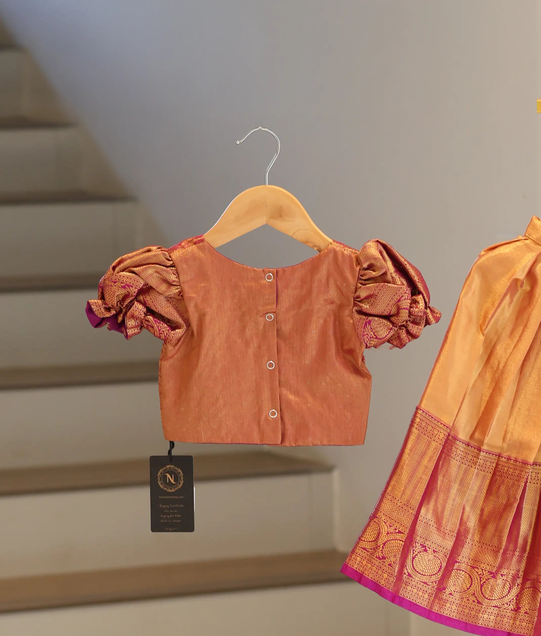 Peach Gold and Magenta Kanchipuram Silk Skirt and Top for Baby Girl [6472]