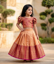 Peach Gold and Magenta Kanchipuram Silk Skirt and Top for Baby Girl [6472]