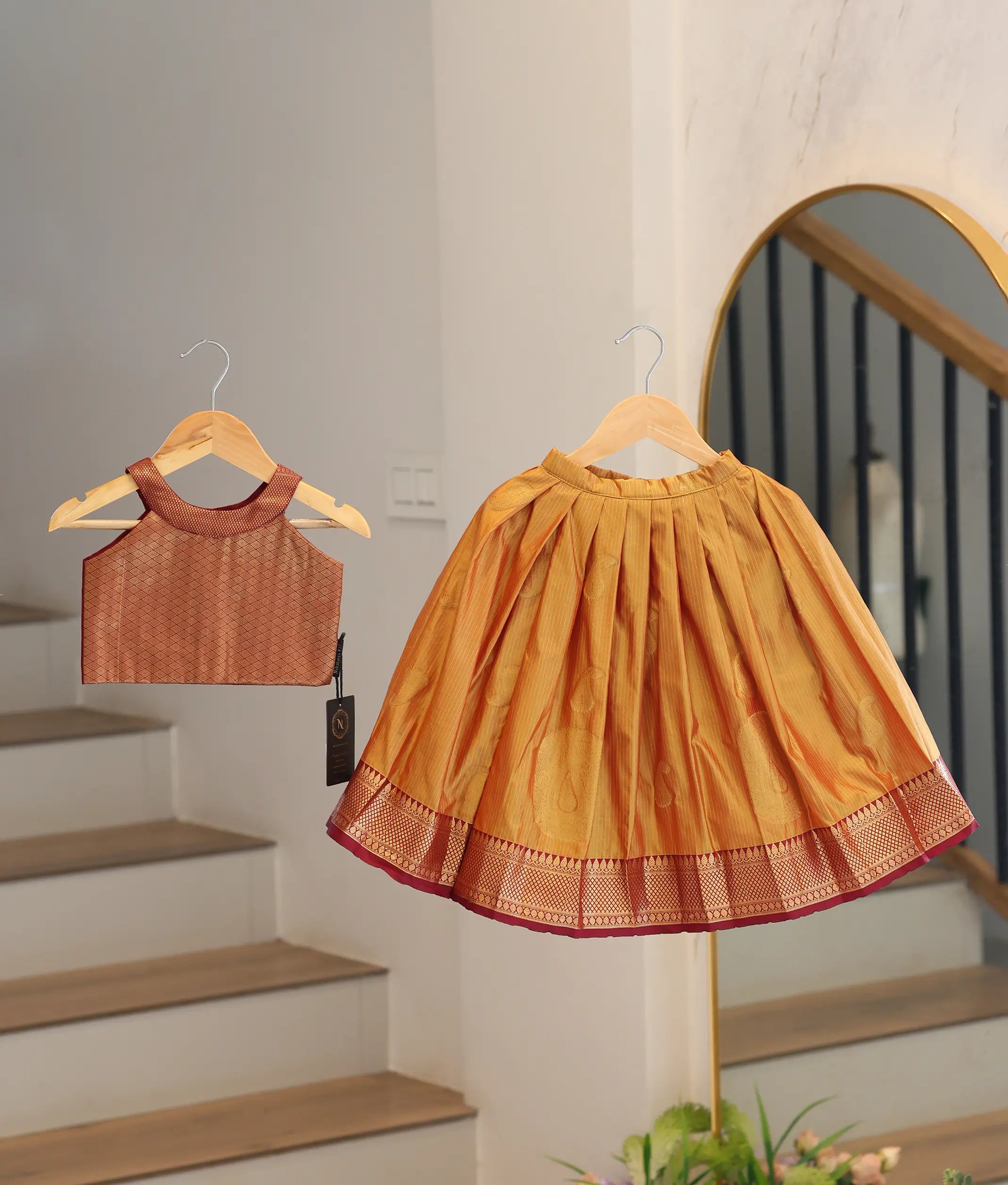 Orange and Maroon Kanchipuram Silk Skirt And Top for Baby Girl [6473]