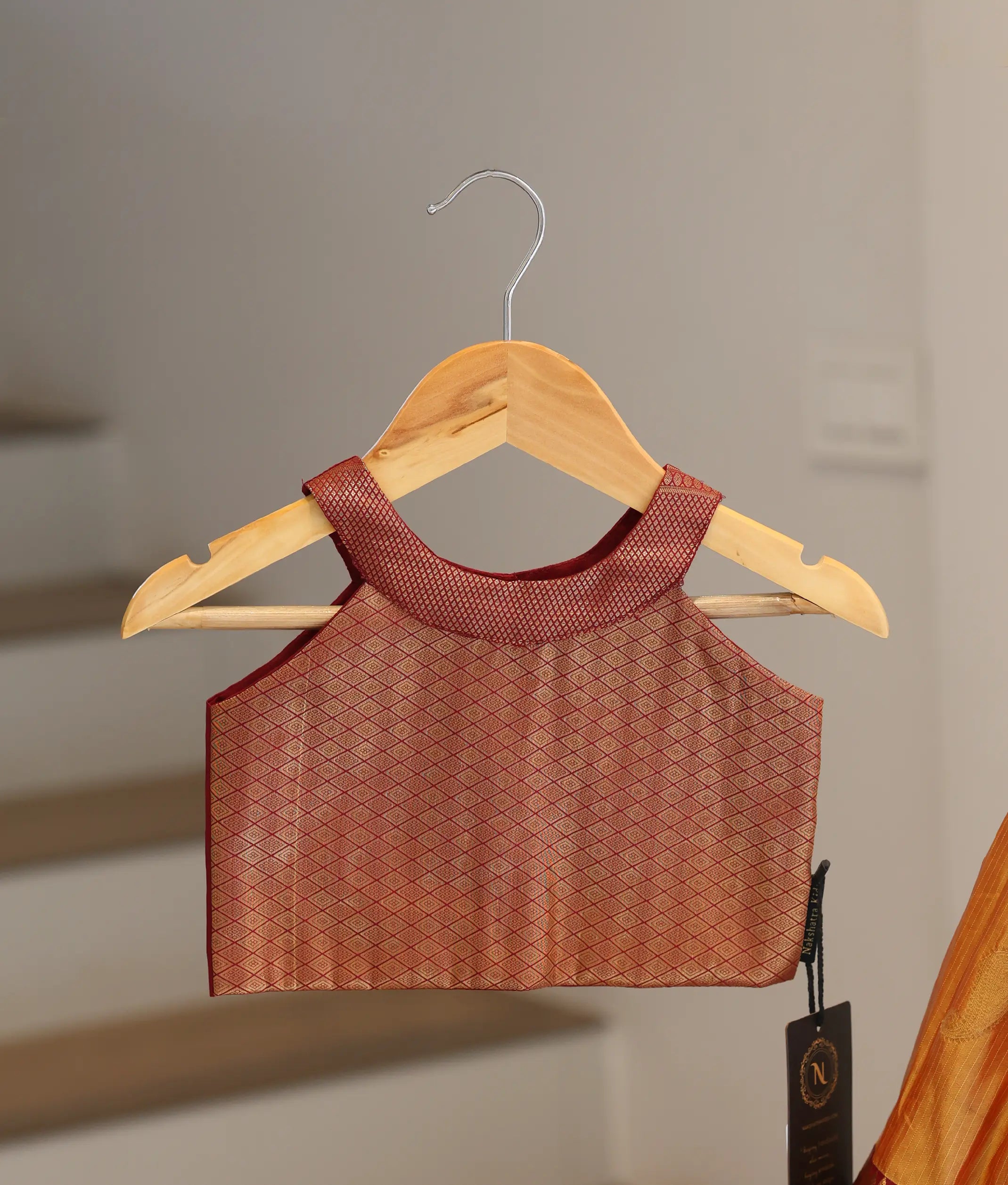 Orange and Maroon Kanchipuram Silk Skirt And Top for Baby Girl [6473]