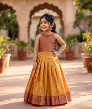 Orange and Maroon Kanchipuram Silk Skirt And Top for Baby Girl [6473]