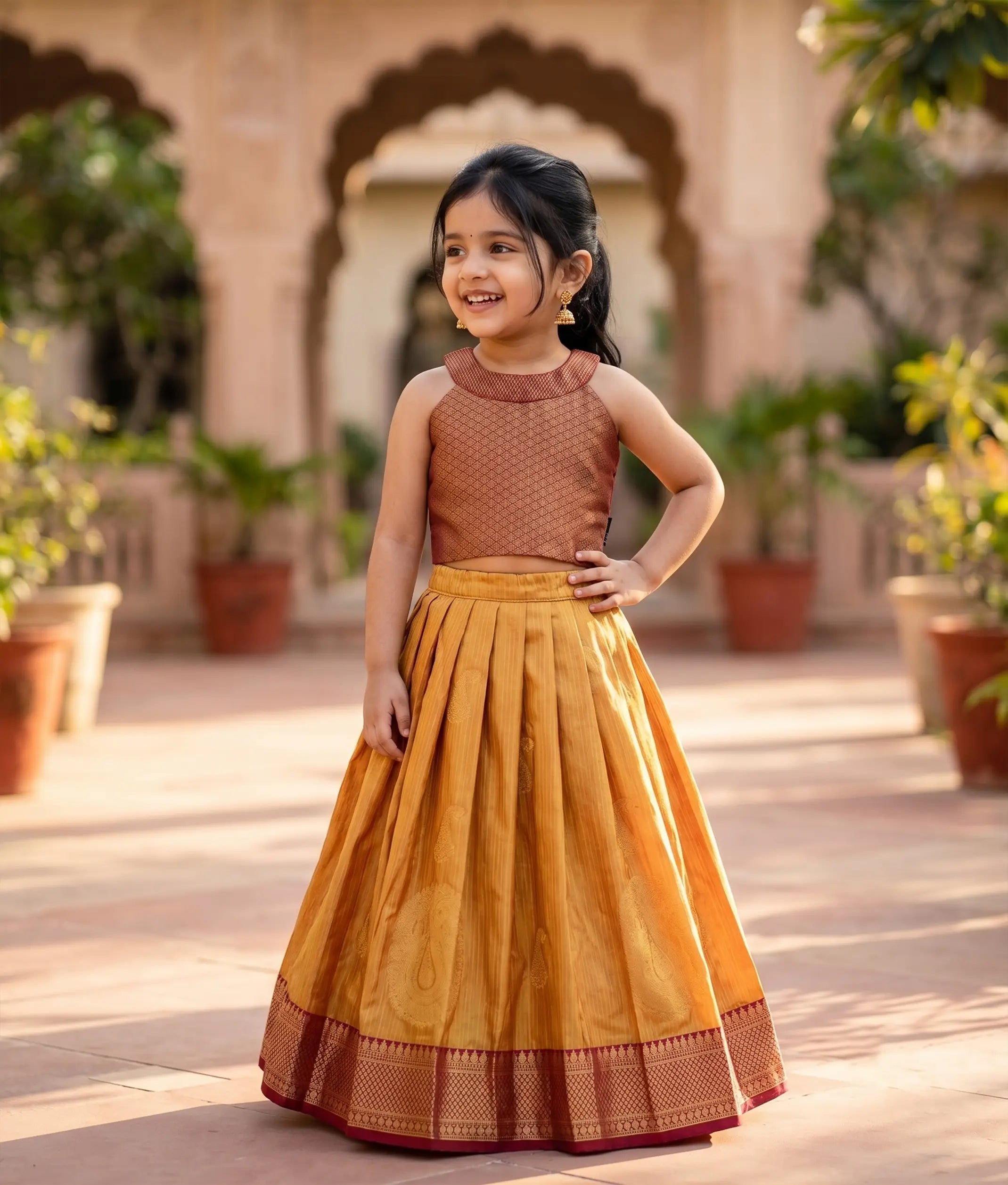 Orange and Maroon Kanchipuram Silk Skirt And Top for Baby Girl [6473]