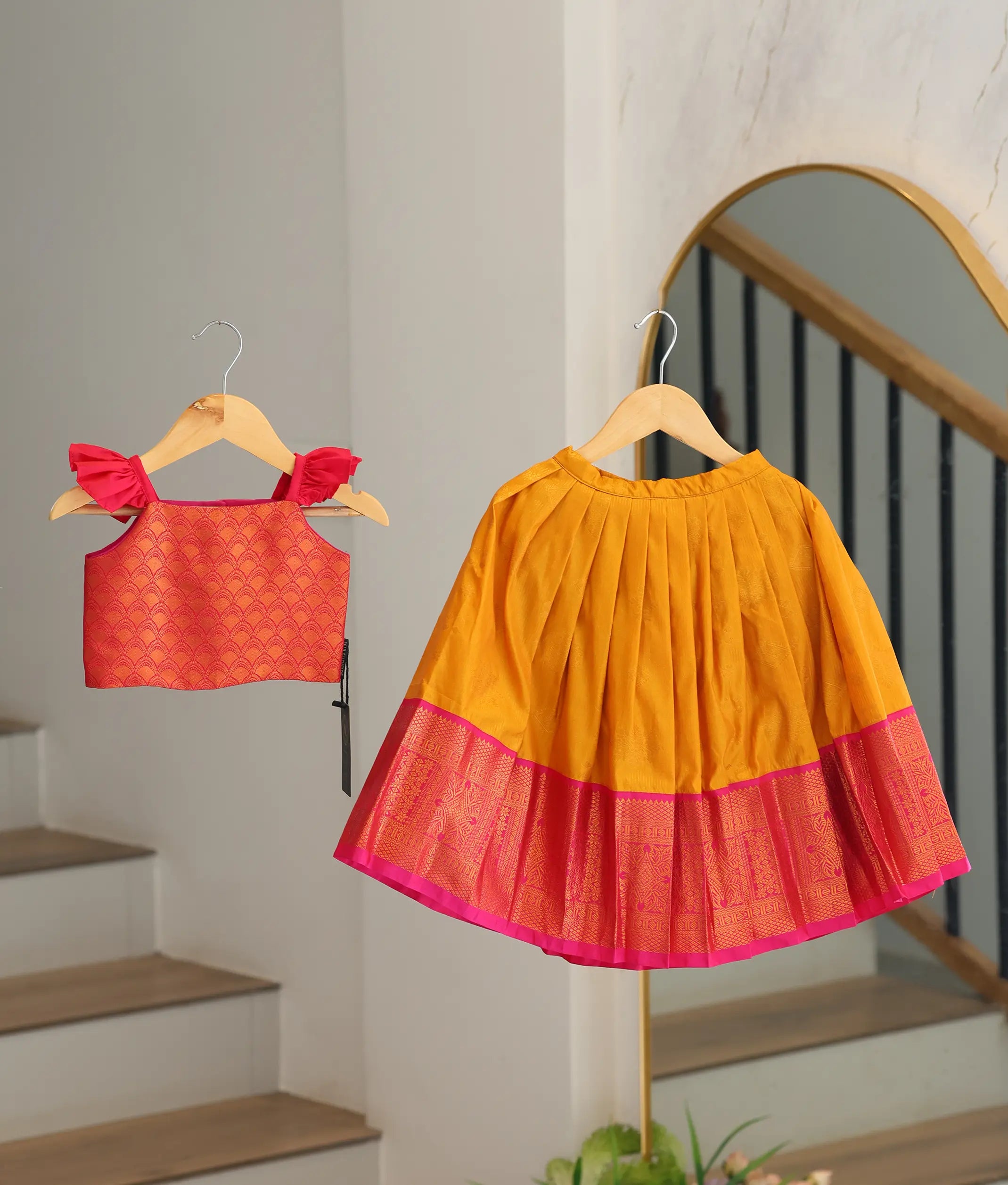 Red and Mustard Yellow Kanchipuram Silk Skirt and Top for Baby Girl [6474]