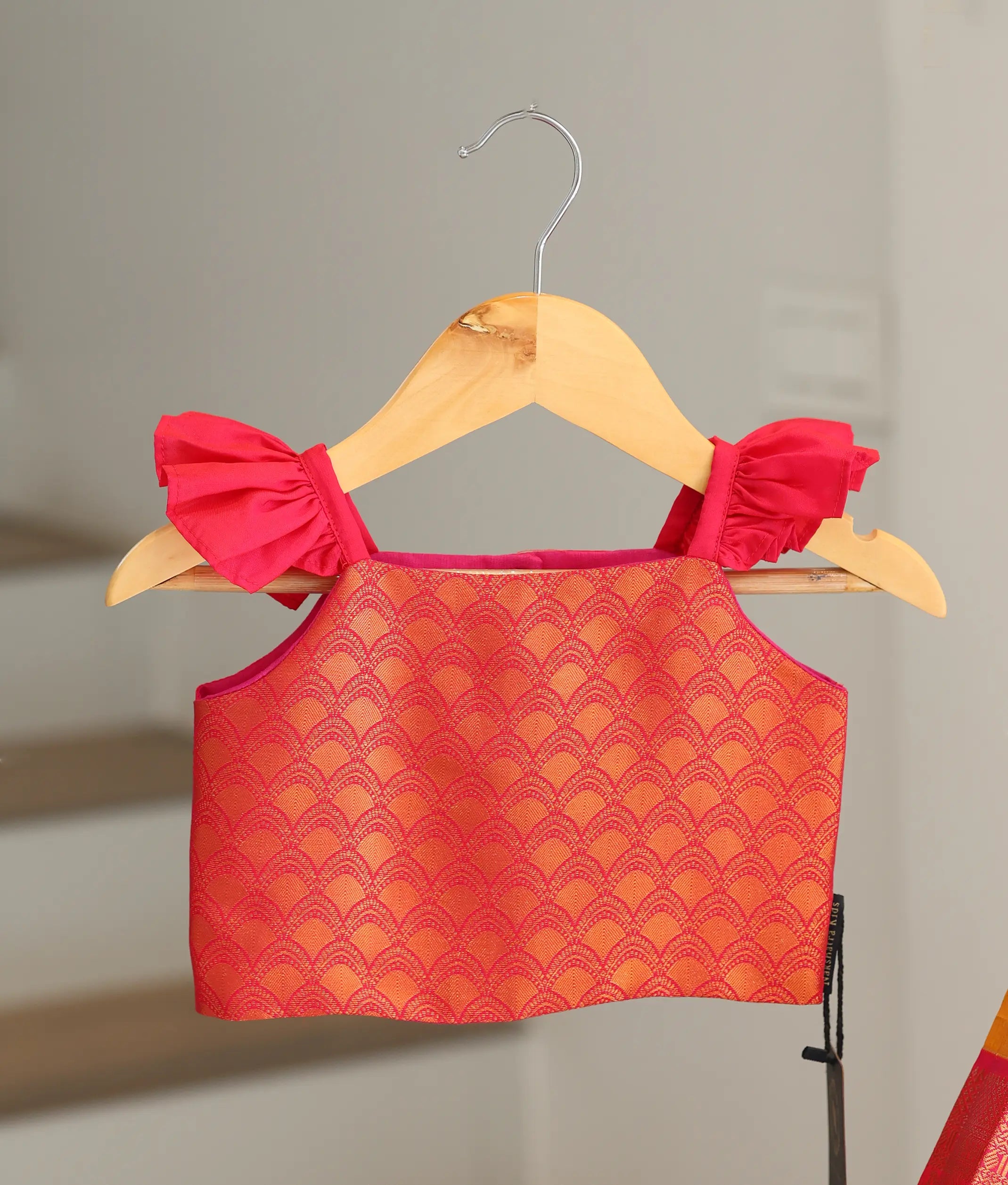 Pink and Mustard Yellow Kanchipuram Silk Skirt and Top for Baby Girl [6474]