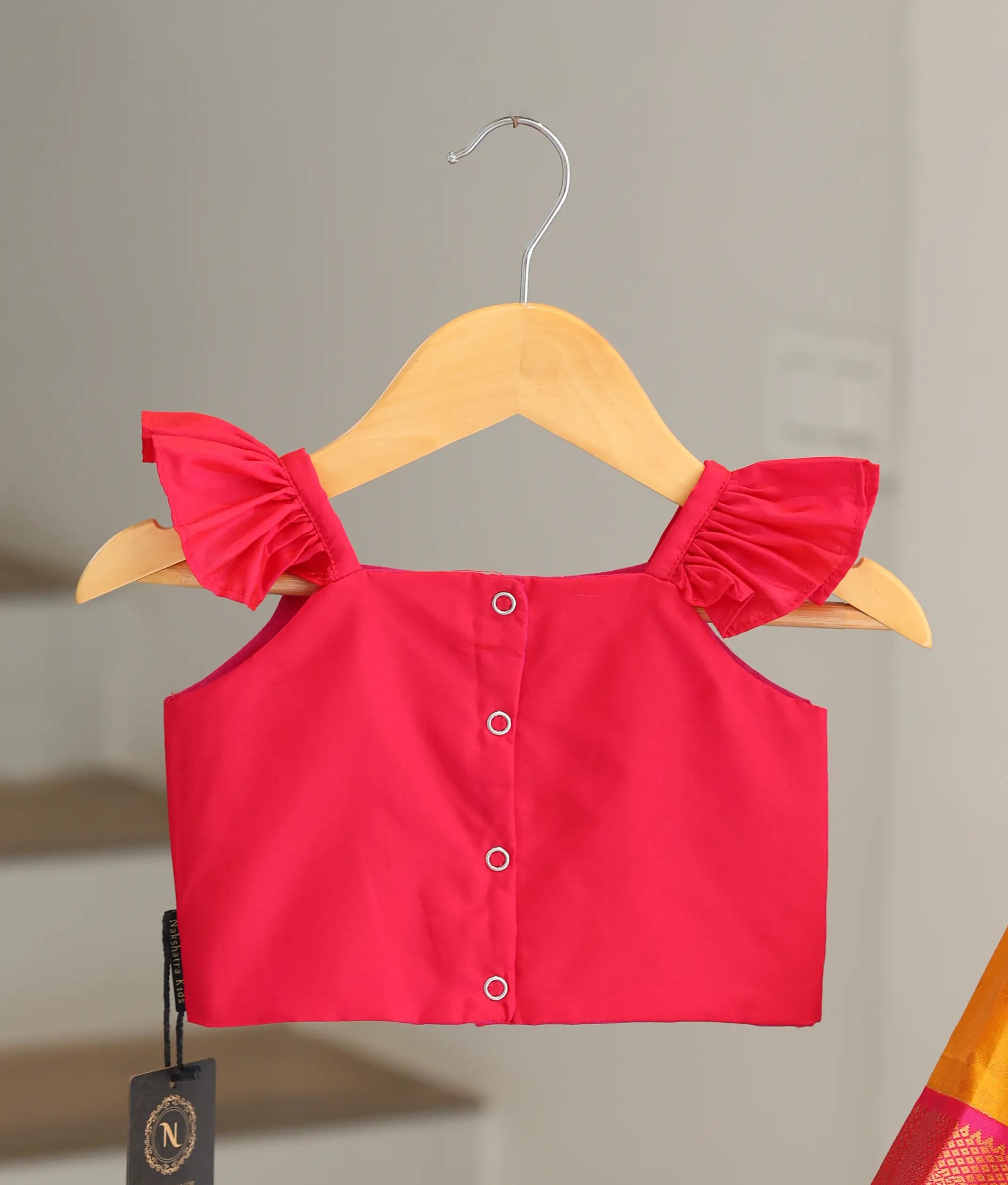 Pink and Mustard Yellow Kanchipuram Silk Skirt and Top for Baby Girl [6474]