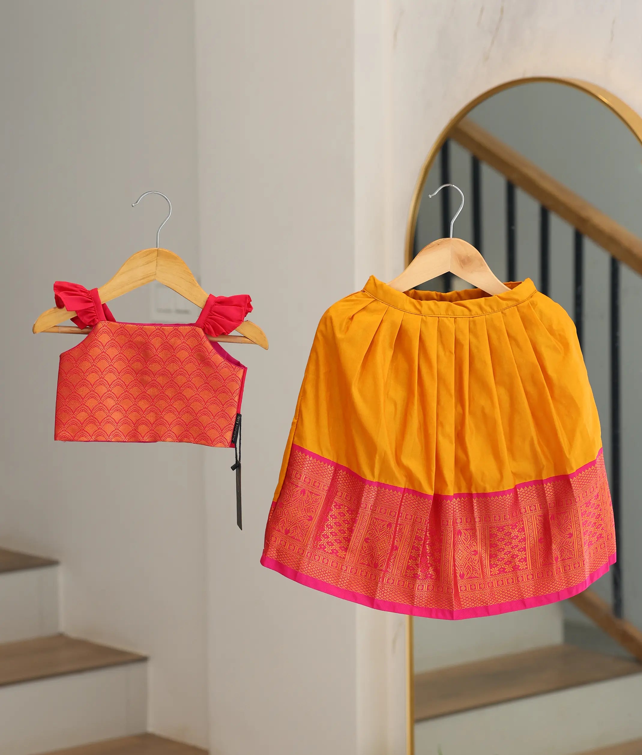 Red and Mustard Yellow Kanchipuram Silk Skirt and Top for Baby Girl [6474A]