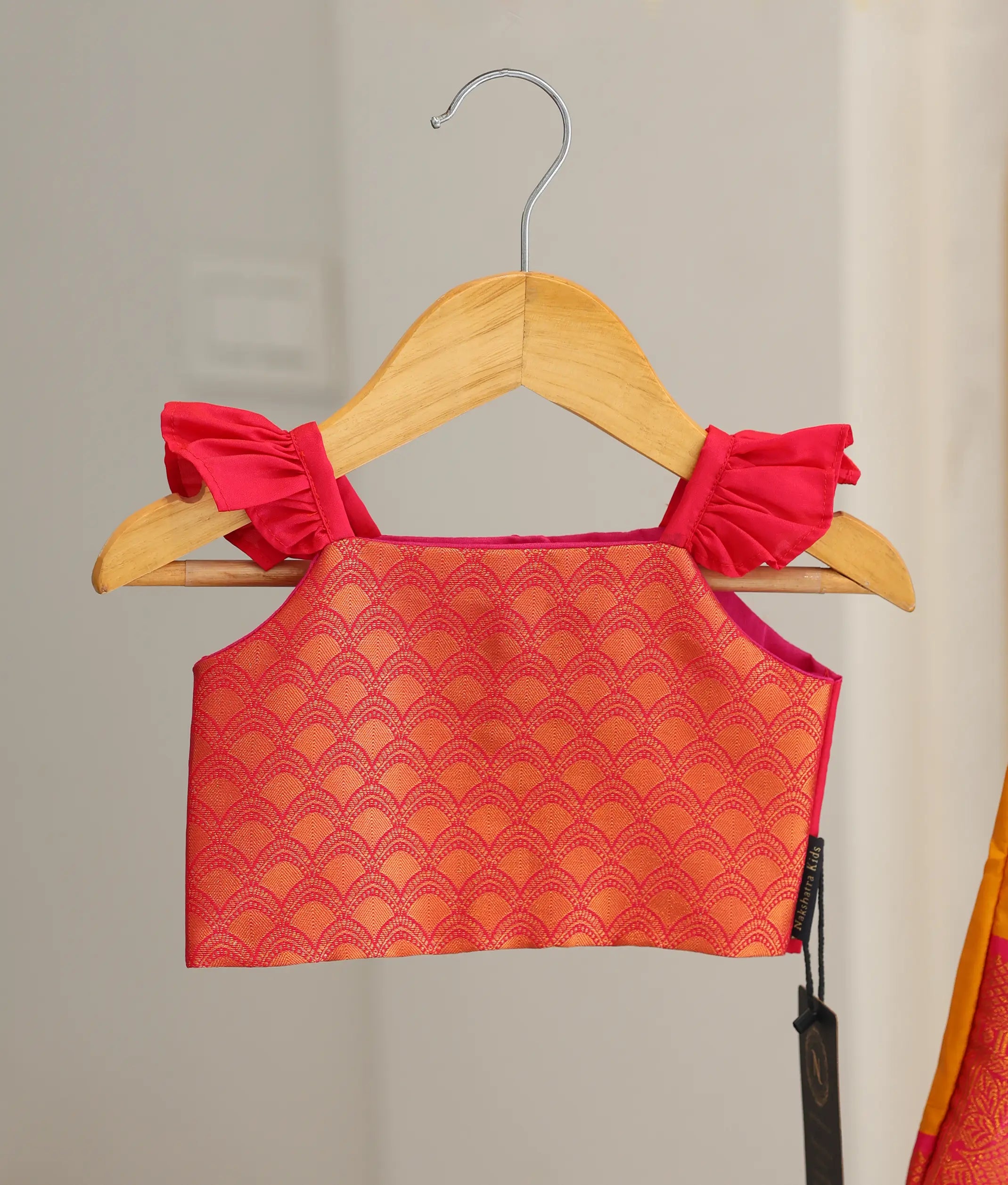 Red and Mustard Yellow Kanchipuram Silk Skirt and Top for Baby Girl [6474A]