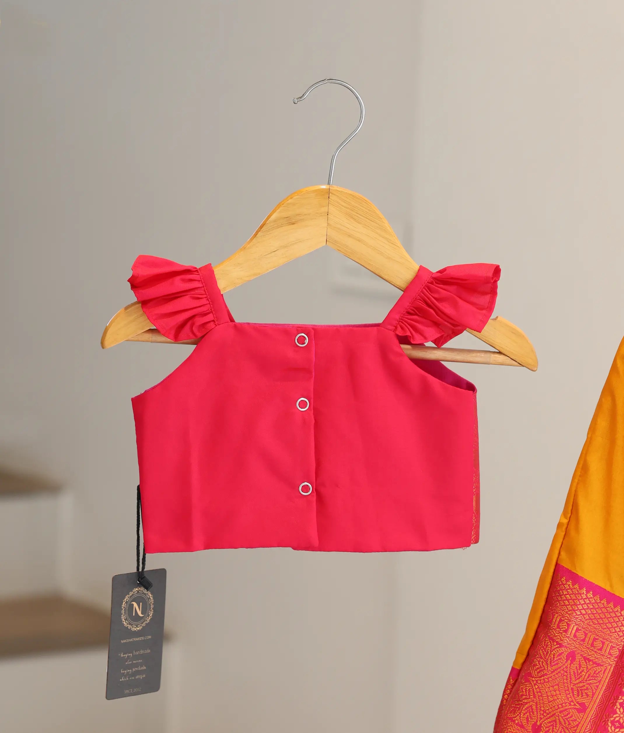 Red and Mustard Yellow Kanchipuram Silk Skirt and Top for Baby Girl [6474A]