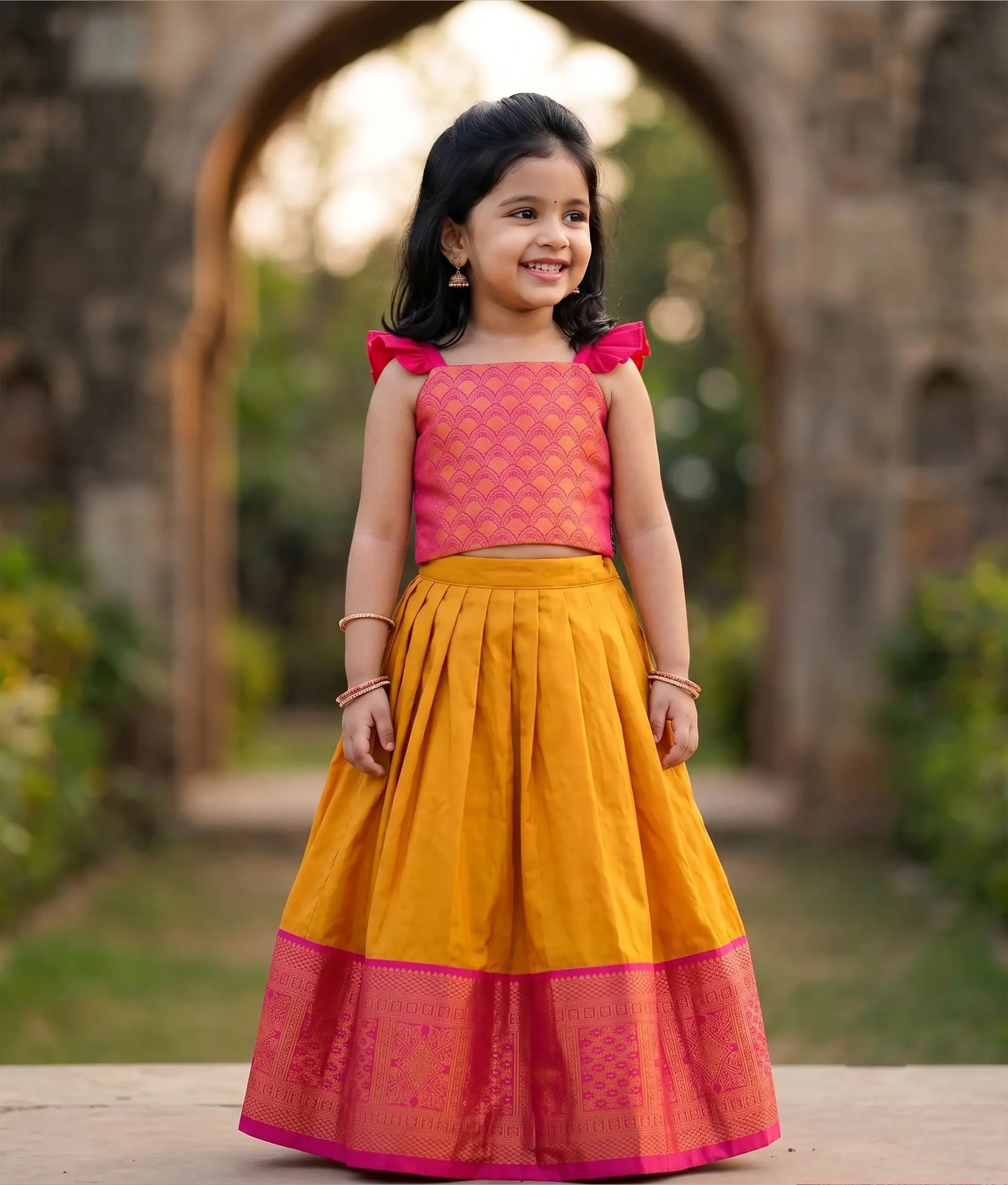 Red and Mustard Yellow Kanchipuram Silk Skirt and Top for Baby Girl [6474A]