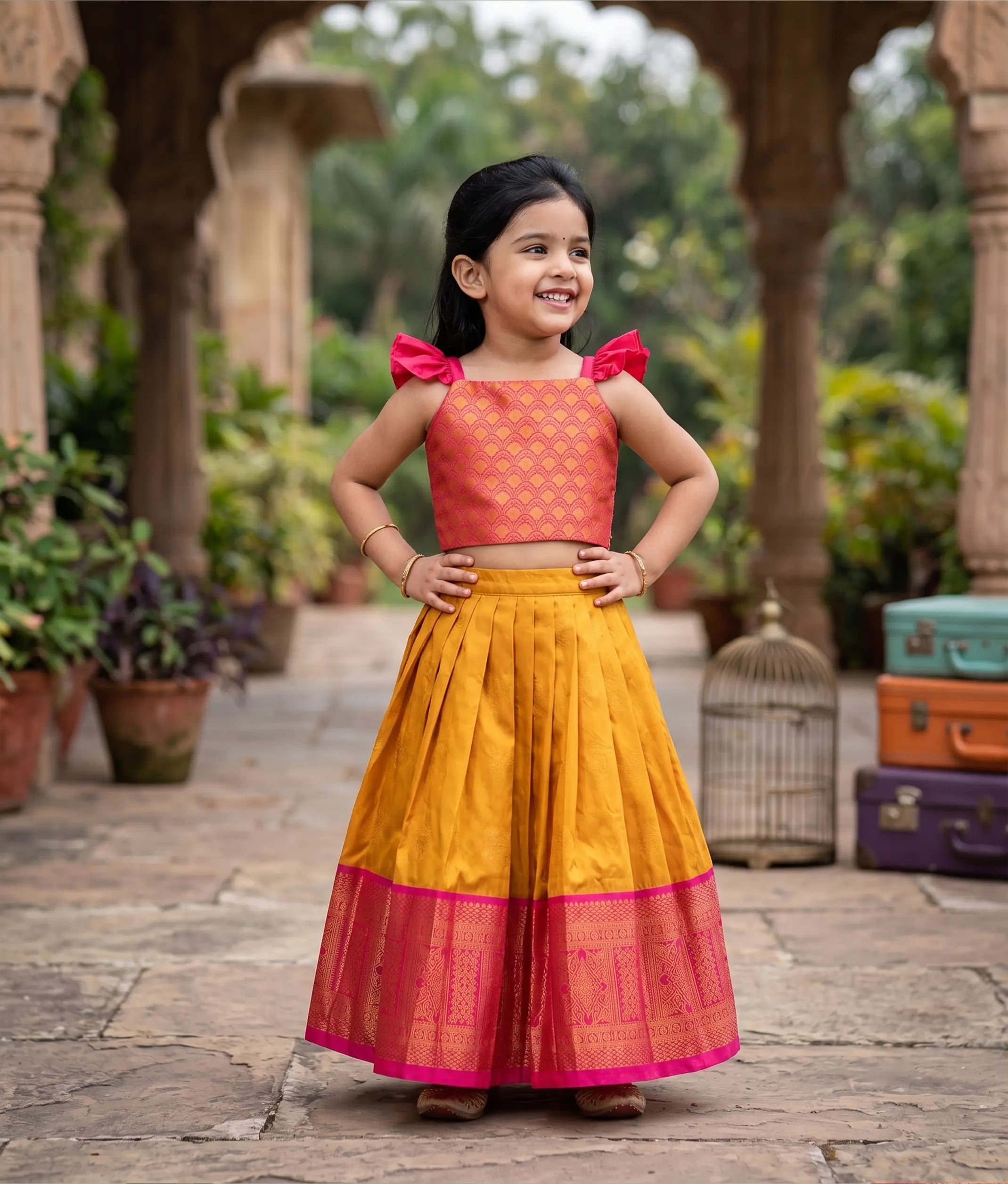Red and Mustard Yellow Kanchipuram Silk Skirt and Top for Baby Girl [6474]