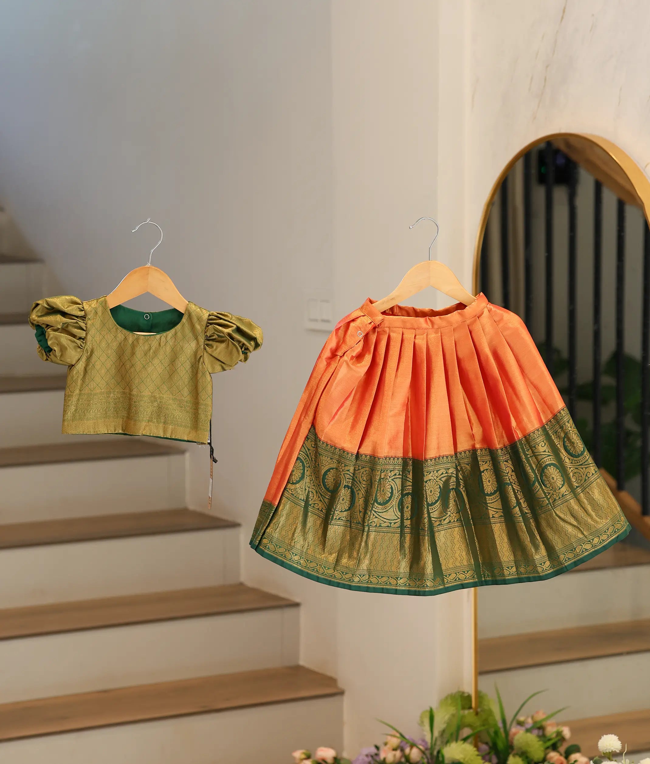 Green and Orange Kanchipuram Silk Skirt and Top for Baby Girl [6476]
