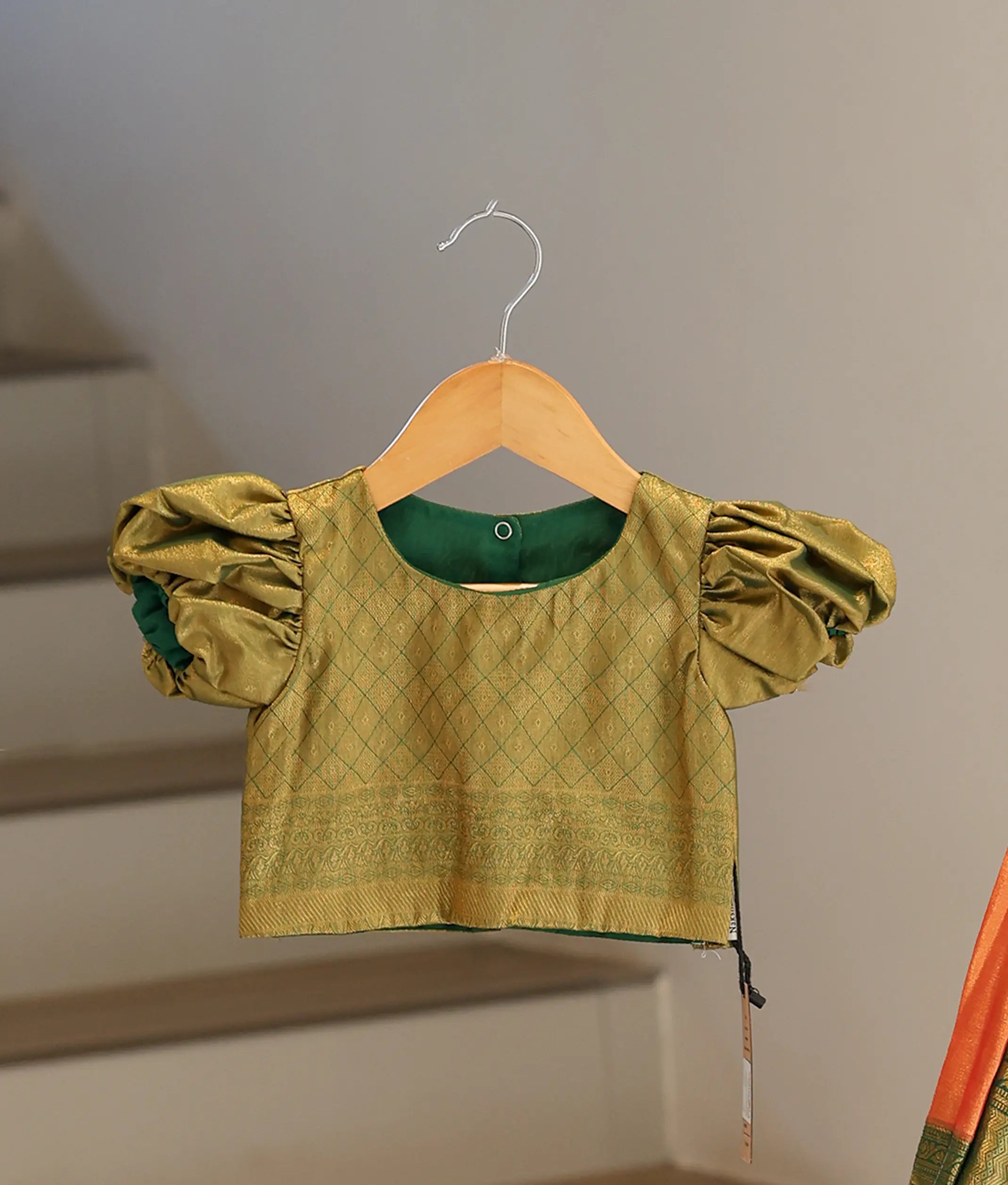 Green and Orange Kanchipuram Silk Skirt and Top for Baby Girl [6476]