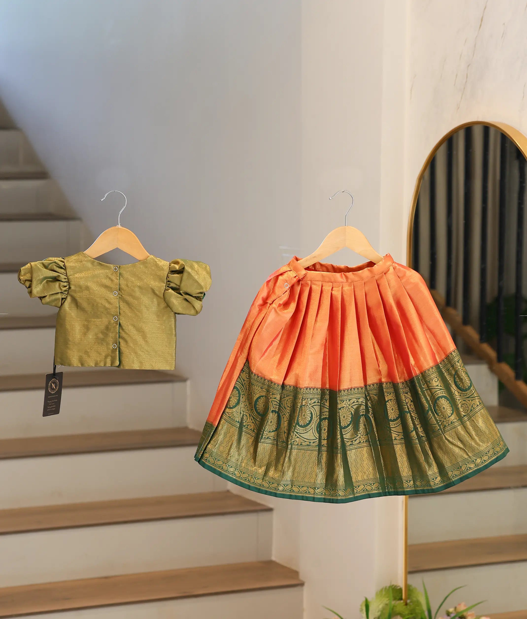 Green and Orange Kanchipuram Silk Skirt and Top for Baby Girl [6476]