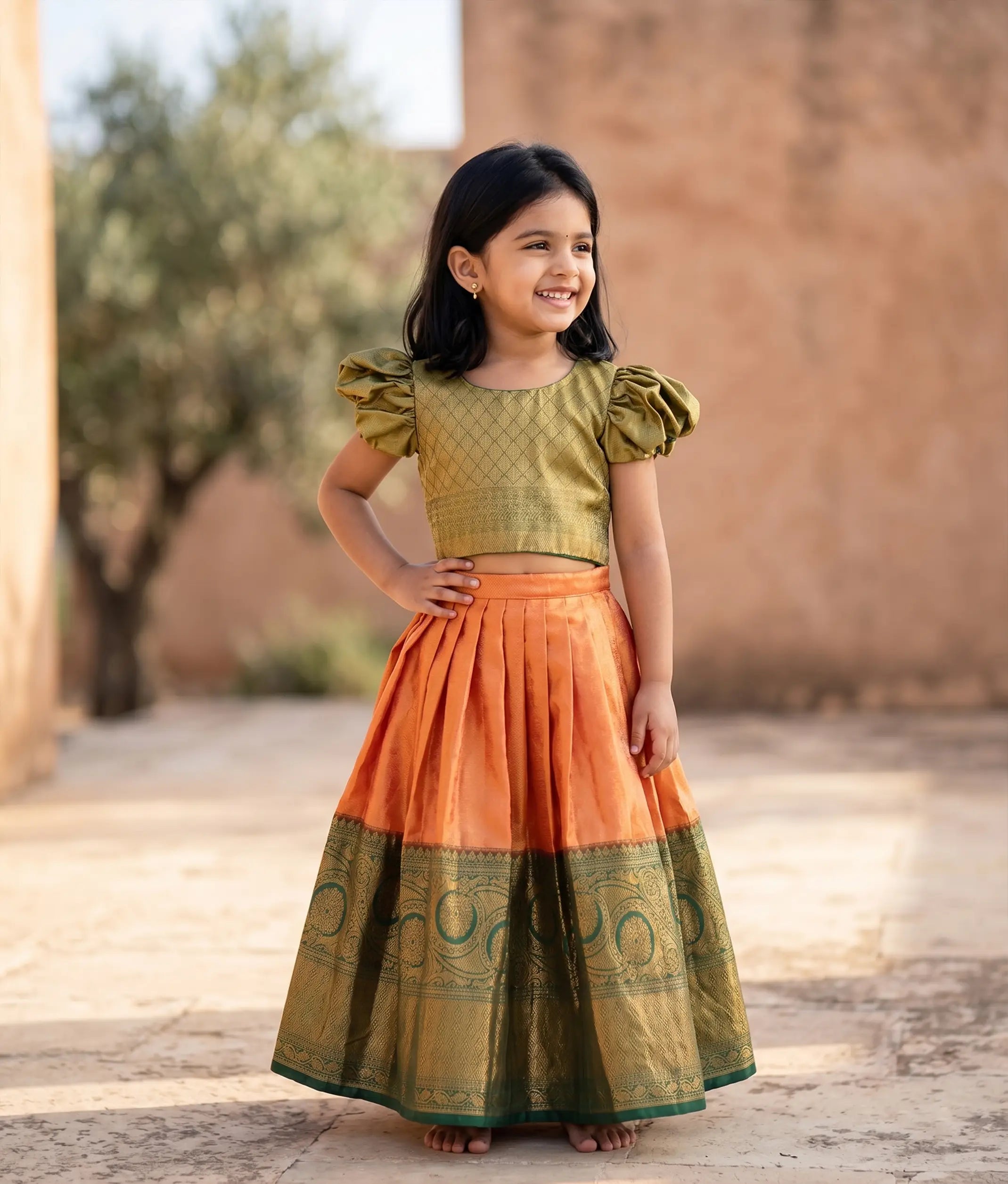 Green and Orange Kanchipuram Silk Skirt and Top for Baby Girl [6476]