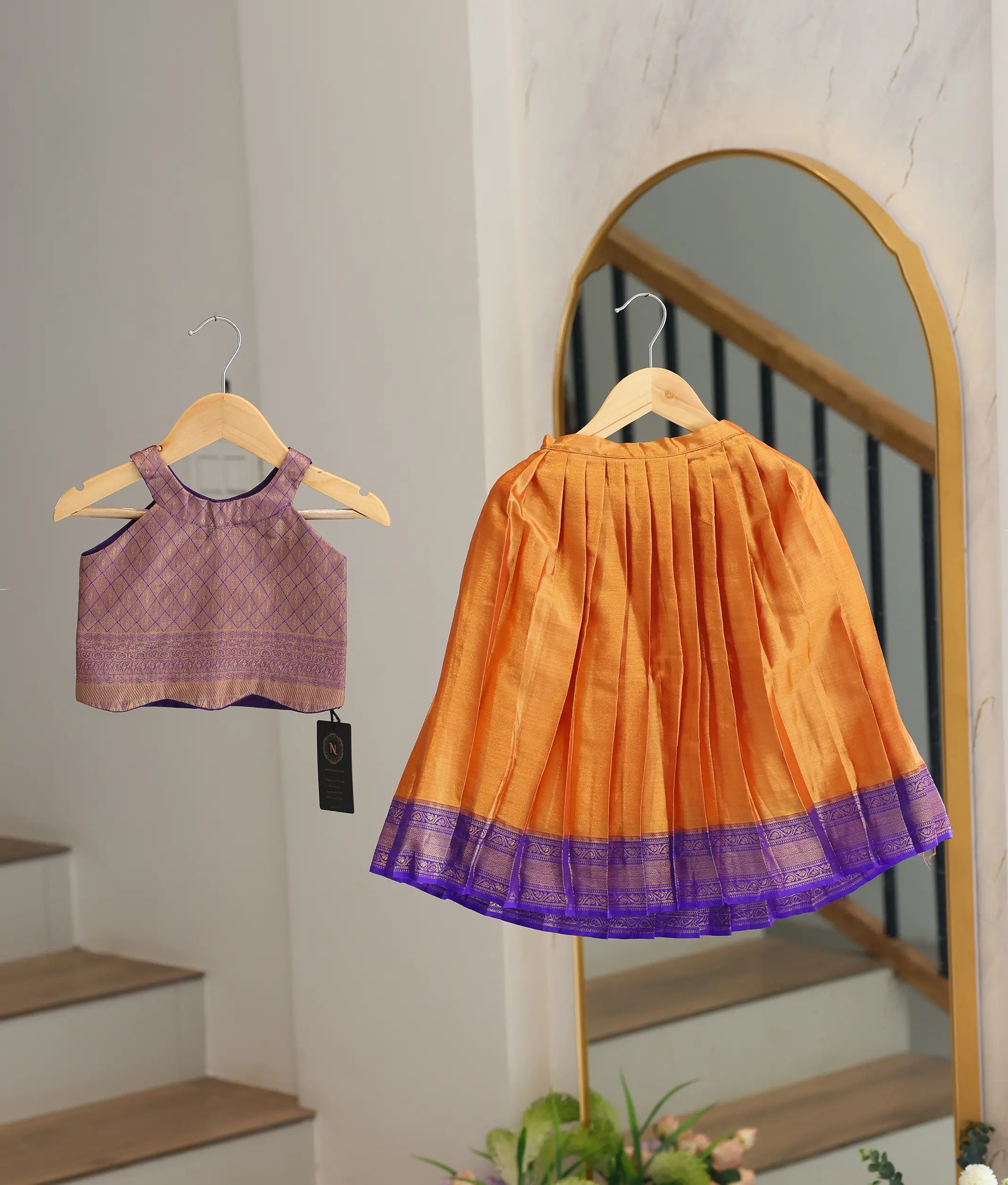 Orange and Purple Kanchipuram Silk Skirt and Top for Baby Girl [6477]