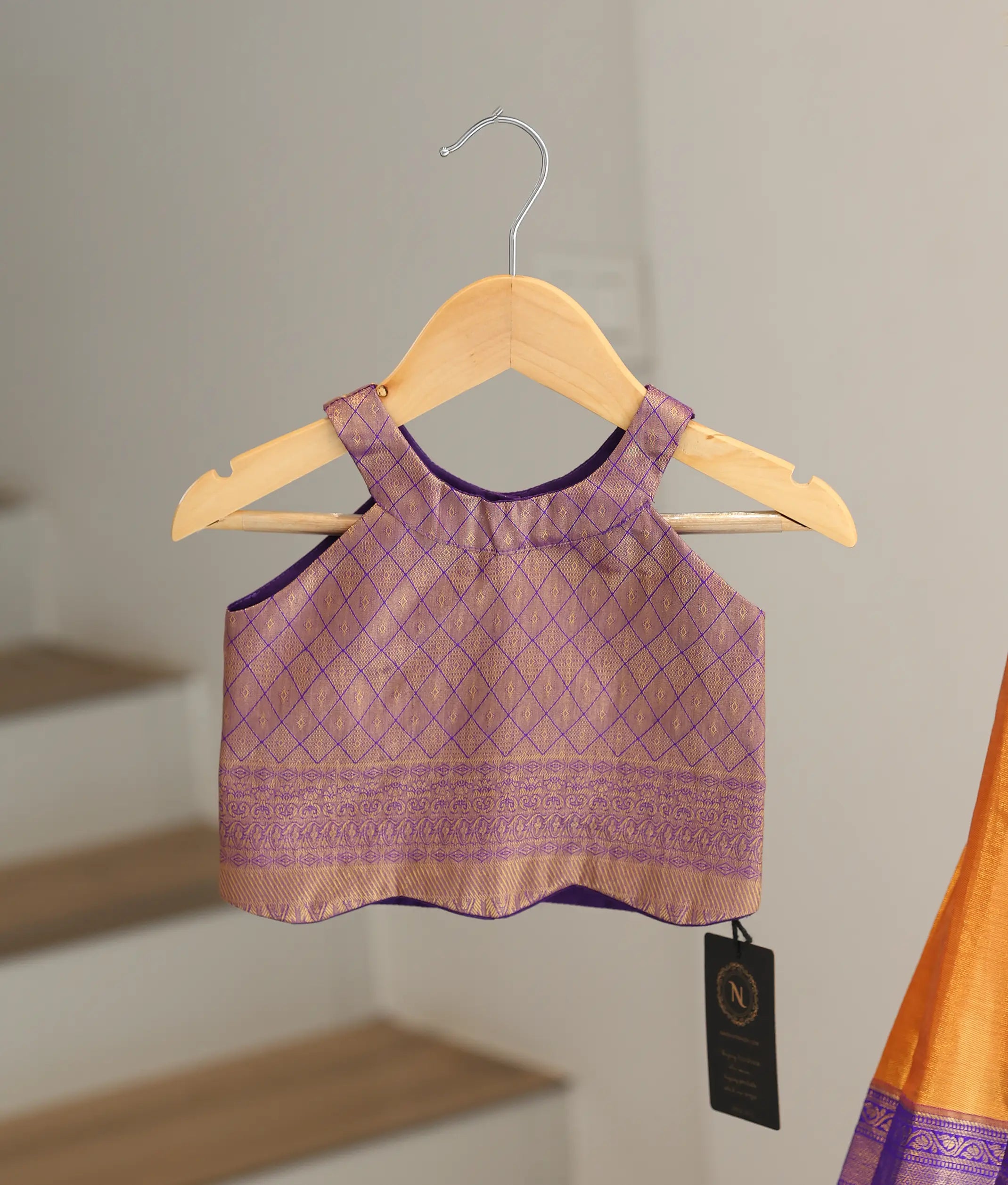 Orange and Purple Kanchipuram Silk Skirt and Top for Baby Girl [6477]