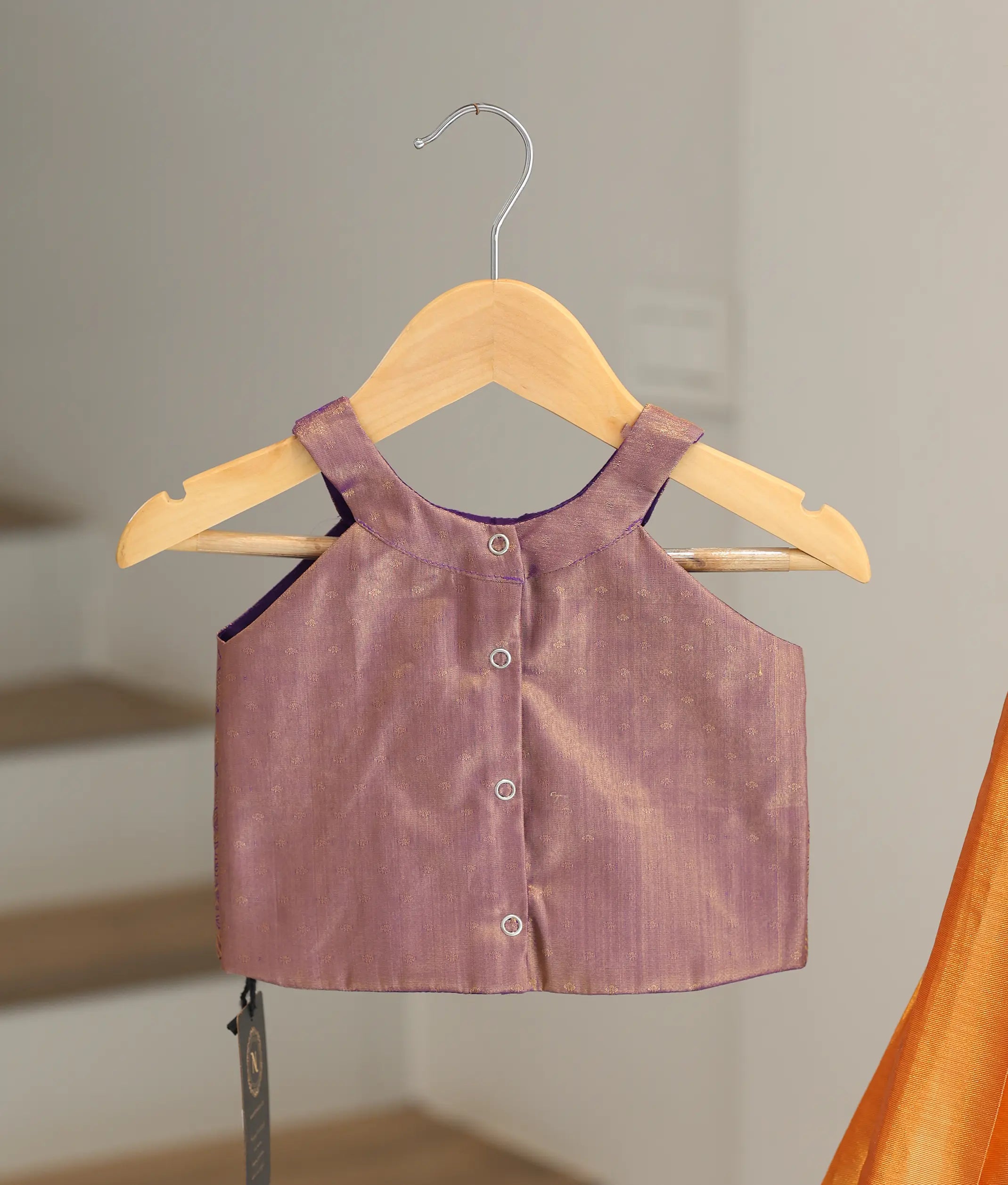 Orange and Purple Kanchipuram Silk Skirt and Top for Baby Girl [6477]