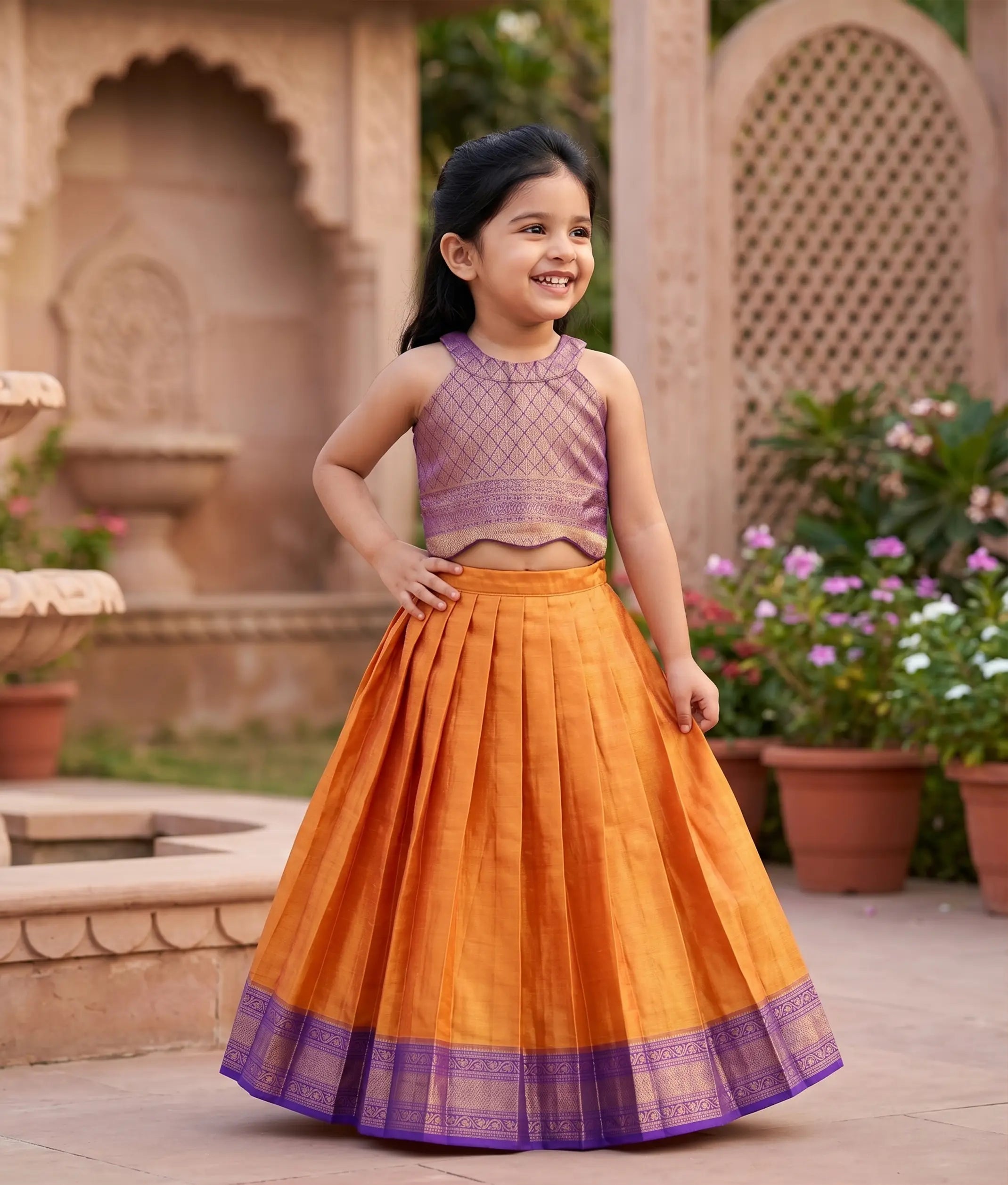 Orange and Purple Kanchipuram Silk Skirt and Top for Baby Girl [6477]