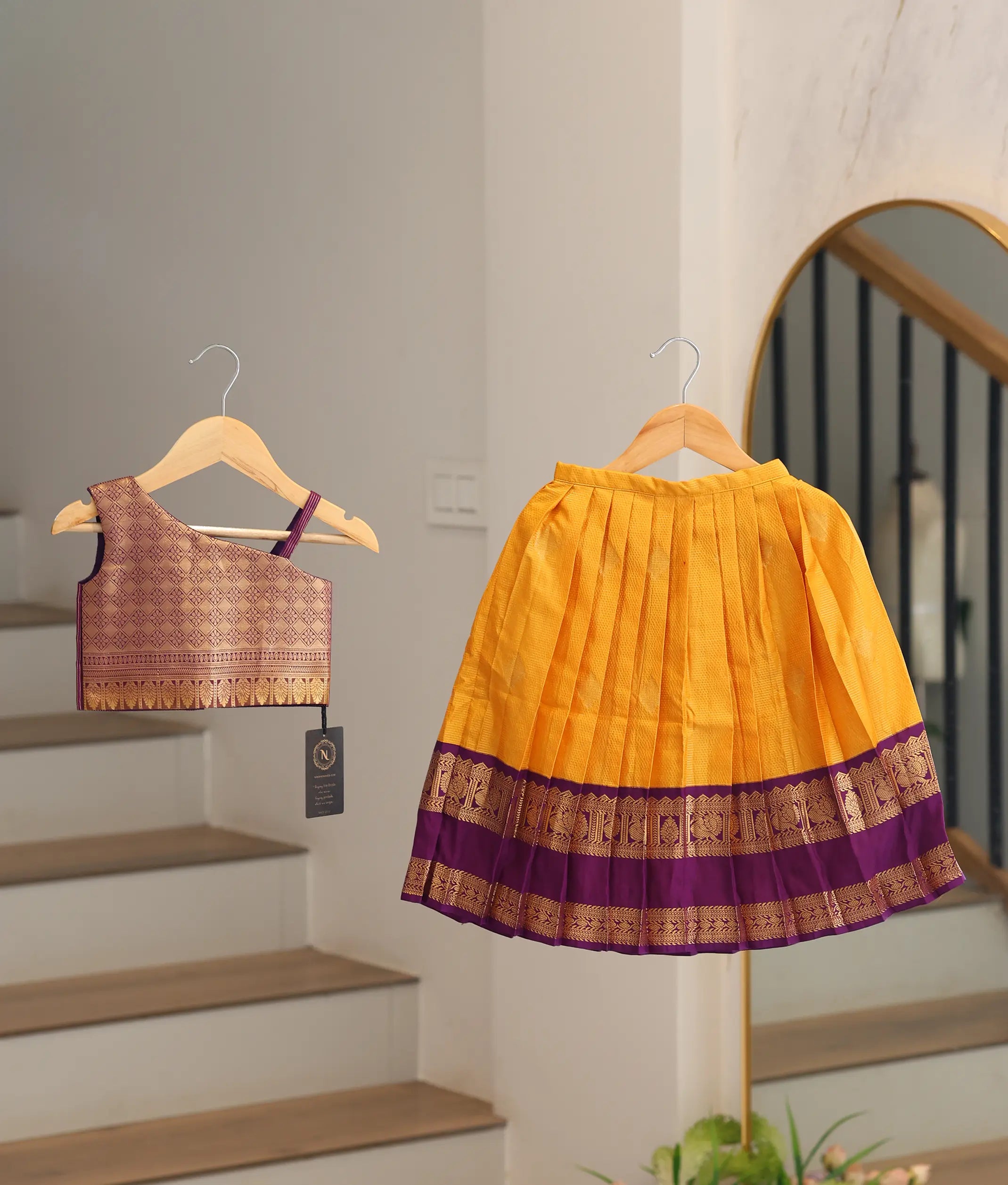 Mustard Yellow and Purple Kanchipuram Silk Skirt and Top for Baby Girl [6478]
