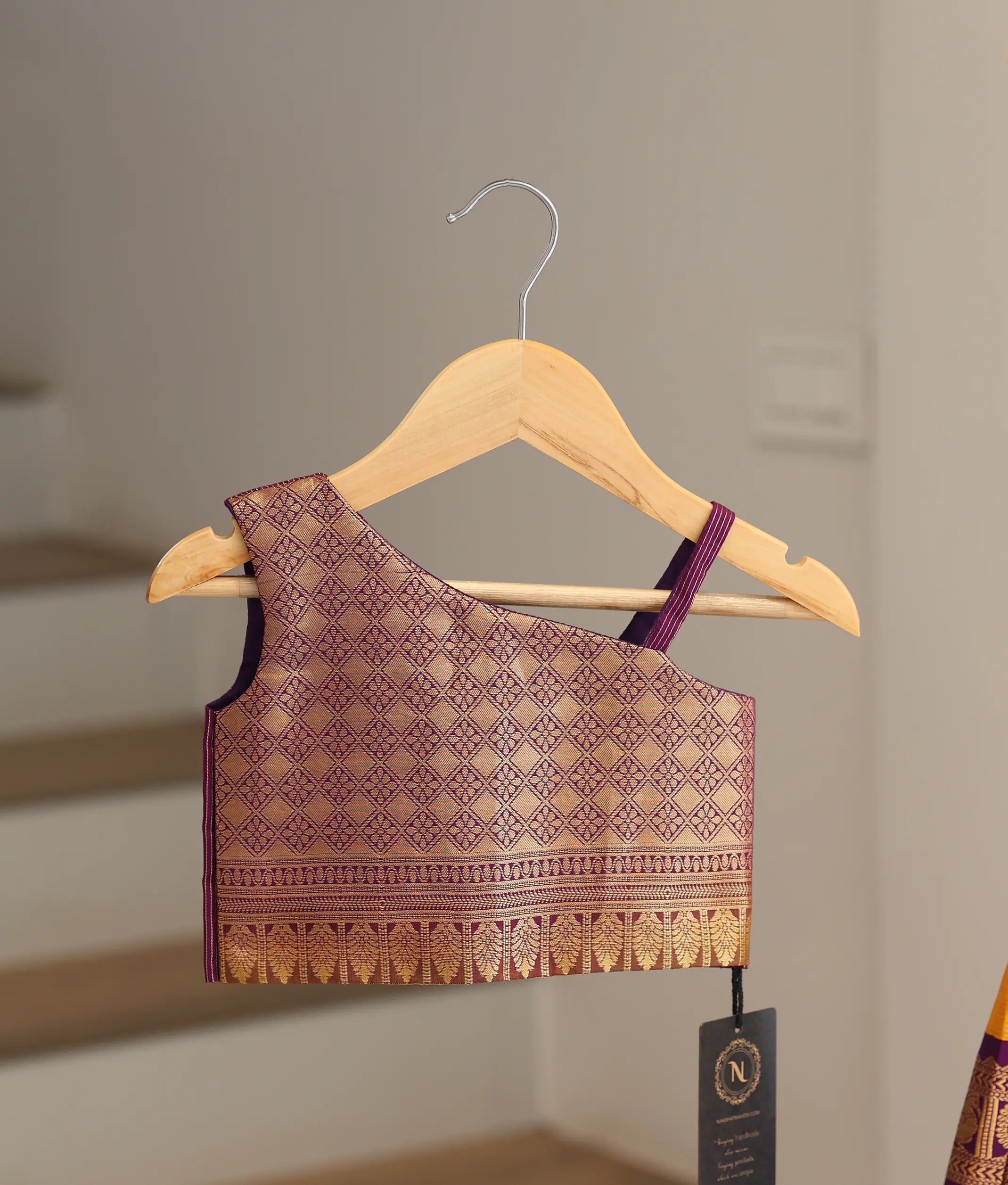 Mustard Yellow and Purple Kanchipuram Silk Skirt and Top for Baby Girl [6478]