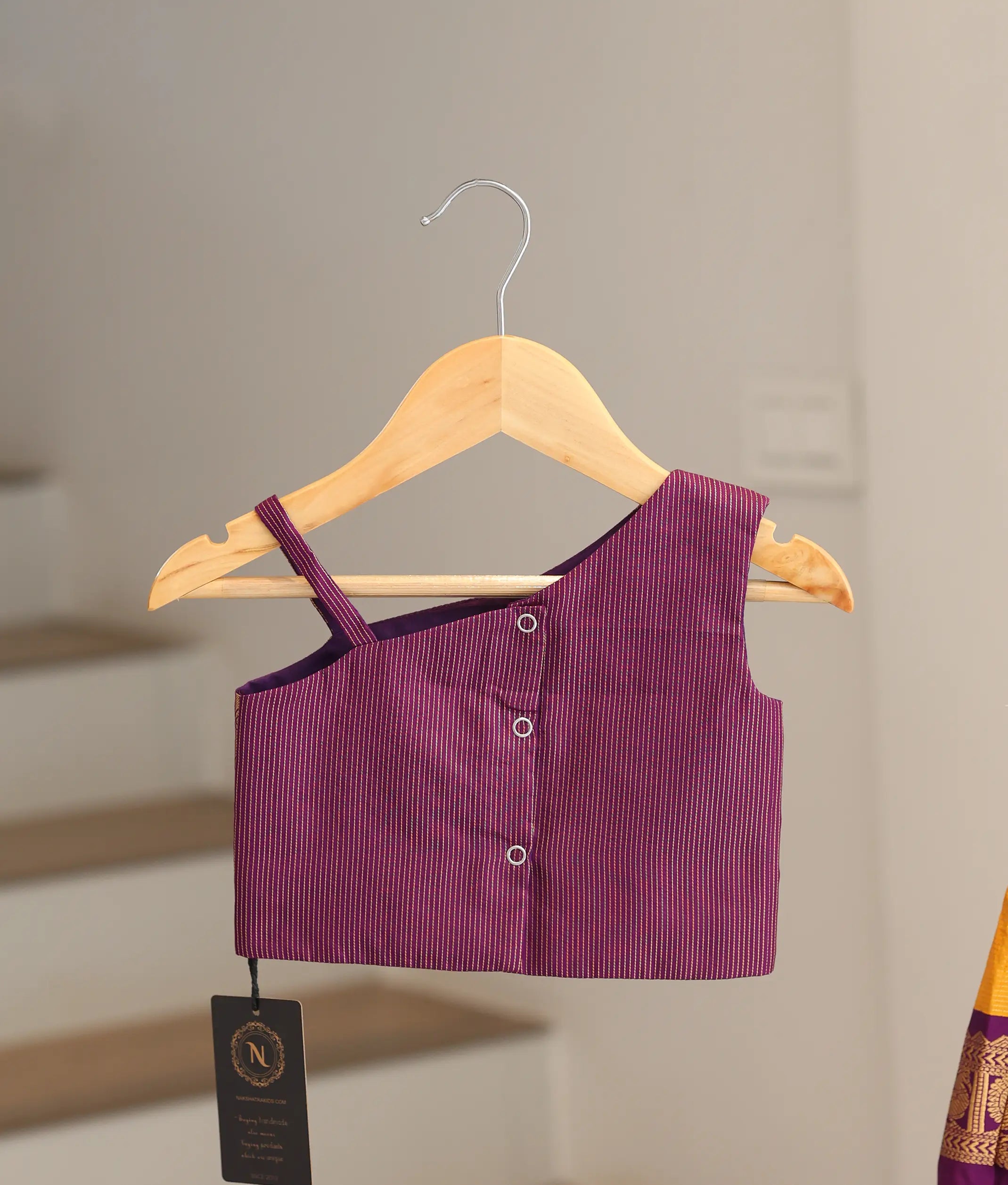 Mustard Yellow and Purple Kanchipuram Silk Skirt and Top for Baby Girl [6478]