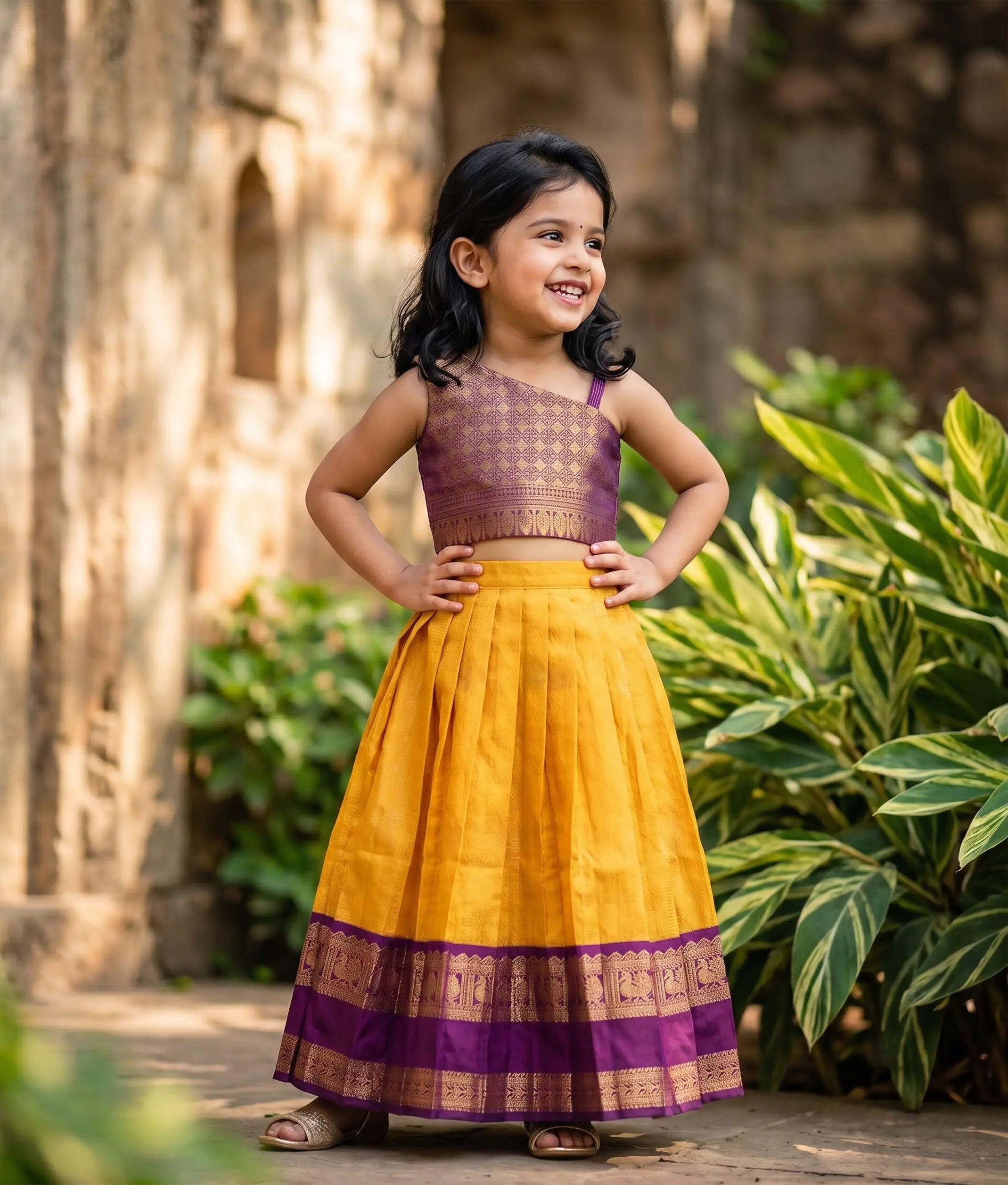 Mustard Yellow and Purple Kanchipuram Silk Skirt and Top for Baby Girl [6478]