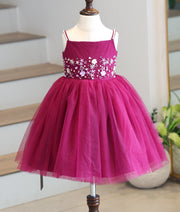 Berry Pink Tulle Net Handwork Birthday Frock for Baby Girl [6479]