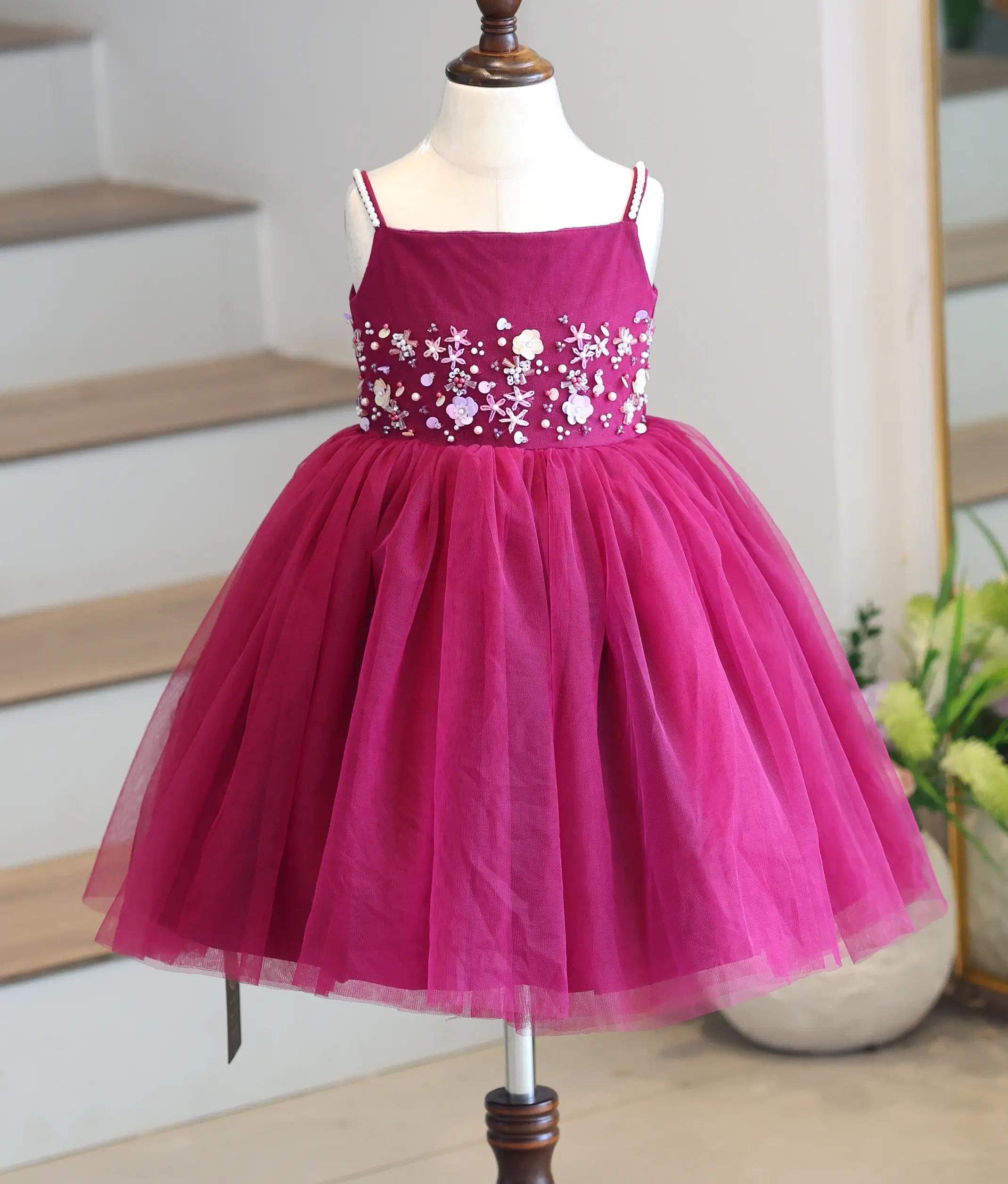 Berry Pink Tulle Net Handwork Birthday Frock for Baby Girl [6479]