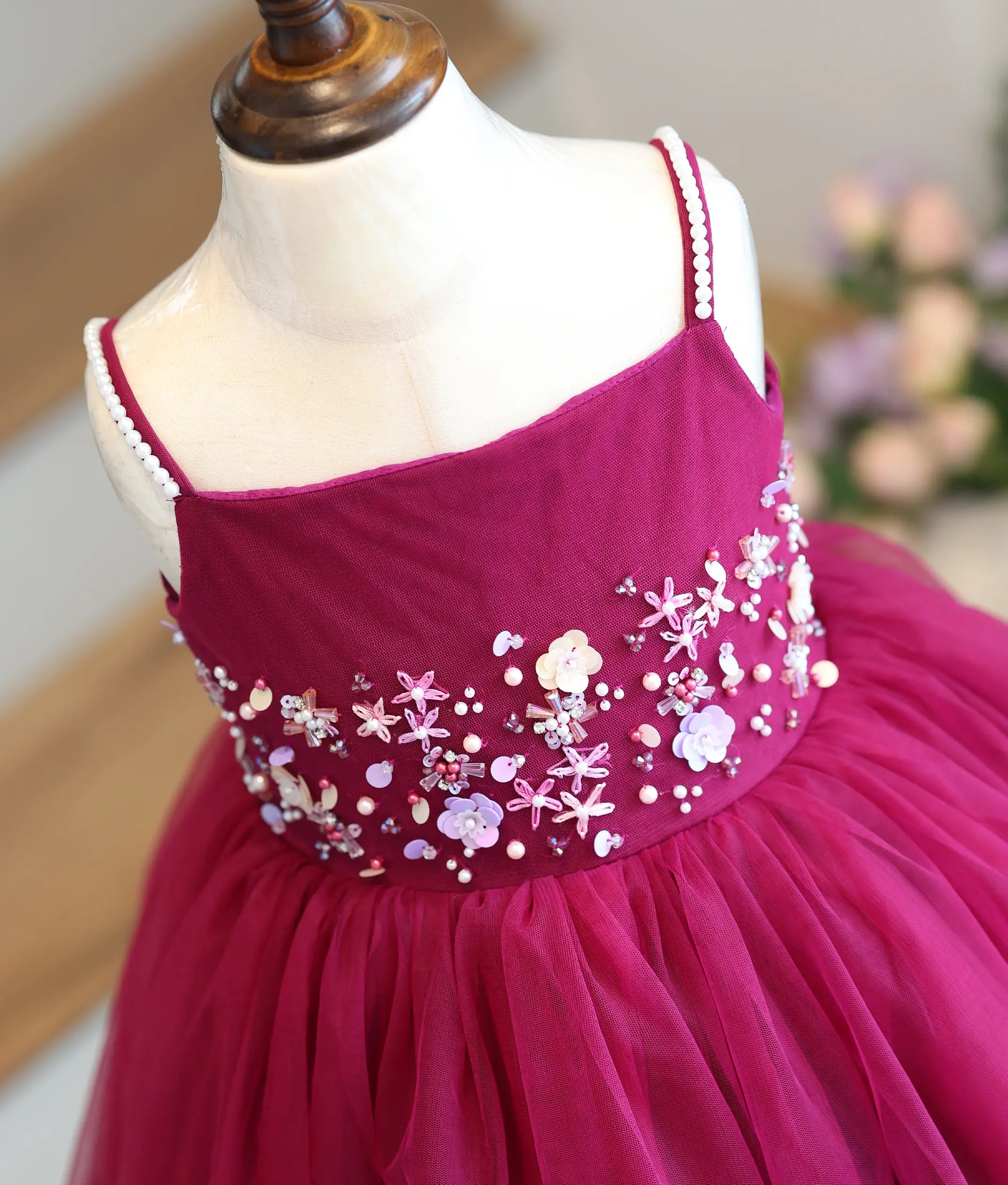 Berry Pink Tulle Net Handwork Birthday Frock for Baby Girl [6479]