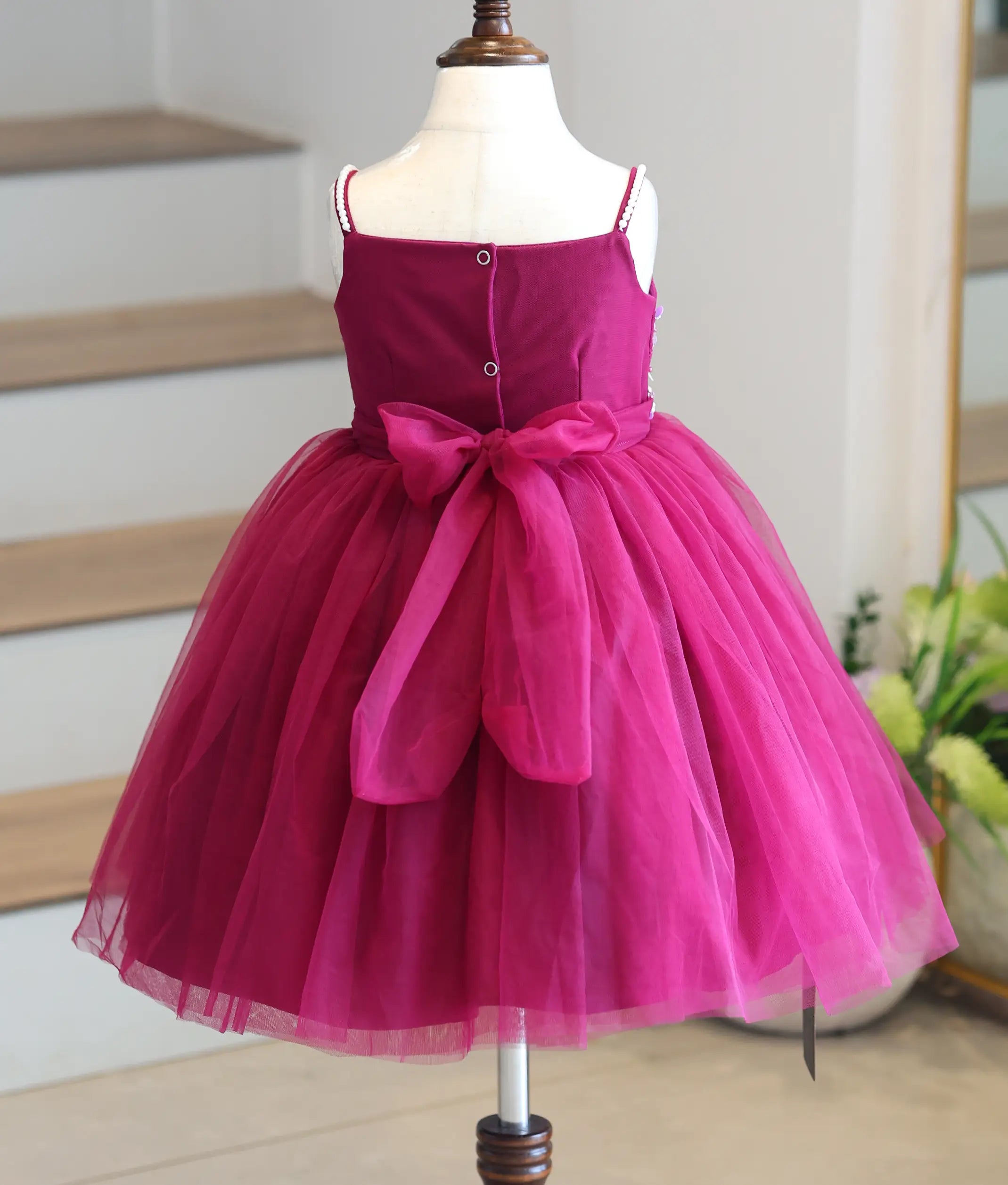 Berry Pink Tulle Net Handwork Birthday Frock for Baby Girl [6479]