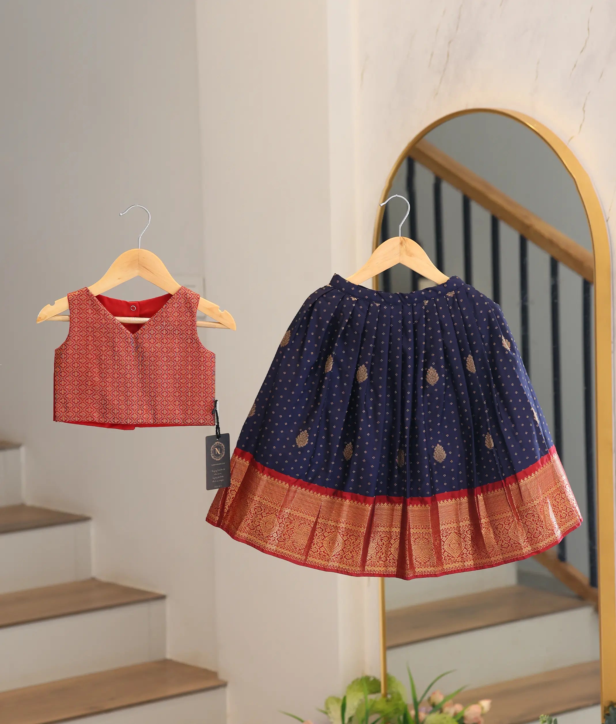 Red And Navy Blue Kanchipuram Silk Skirt And Top for Baby Girl [6481]