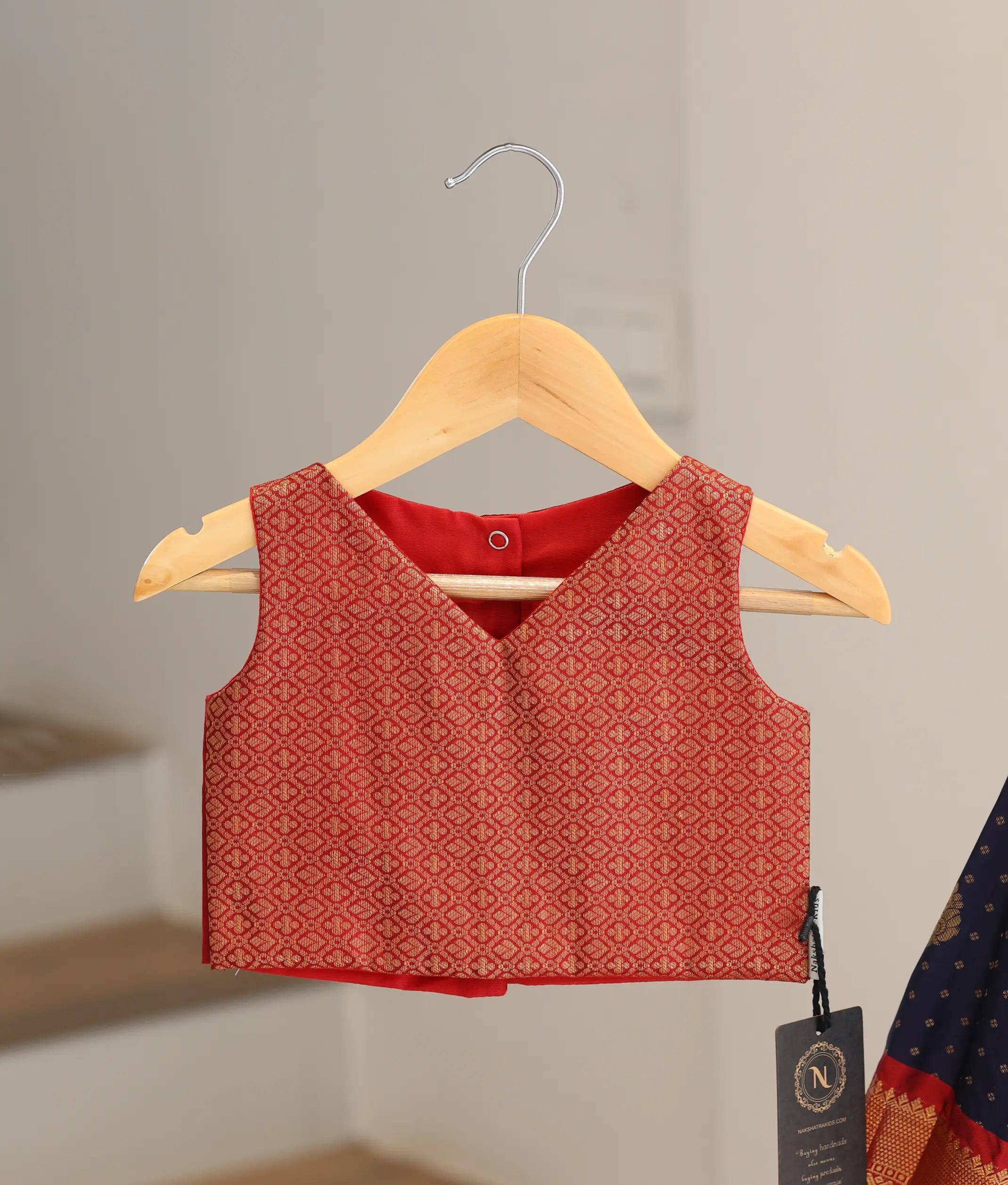Red And Navy Blue Kanchipuram Silk Skirt And Top for Baby Girl [6481]