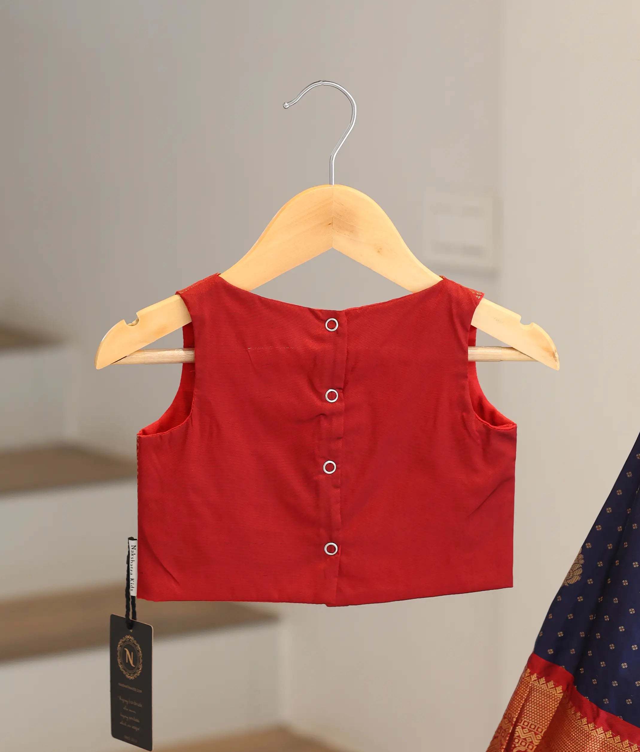 Red And Navy Blue Kanchipuram Silk Skirt And Top for Baby Girl [6481]