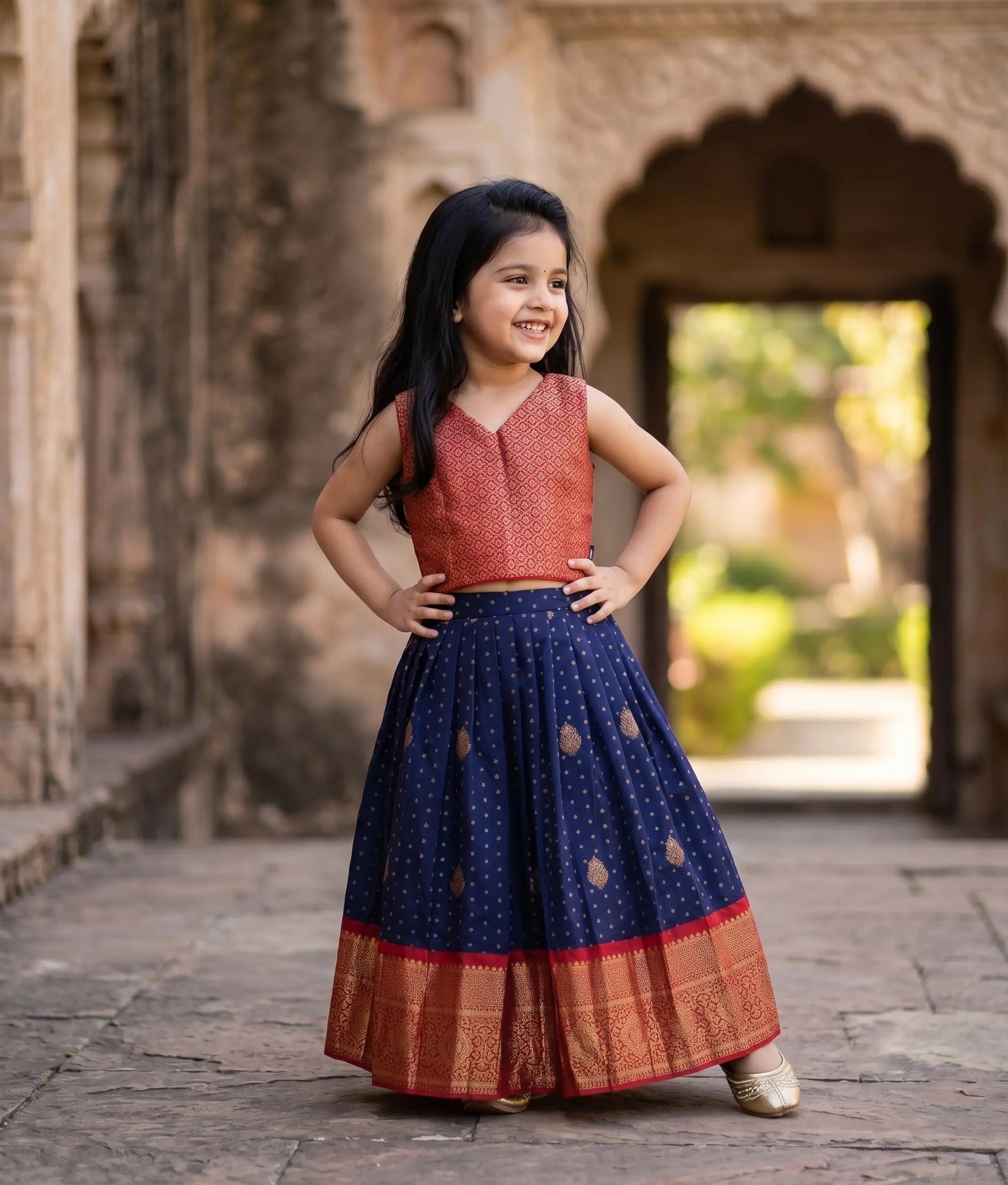 Red And Navy Blue Kanchipuram Silk Skirt And Top for Baby Girl [6481]