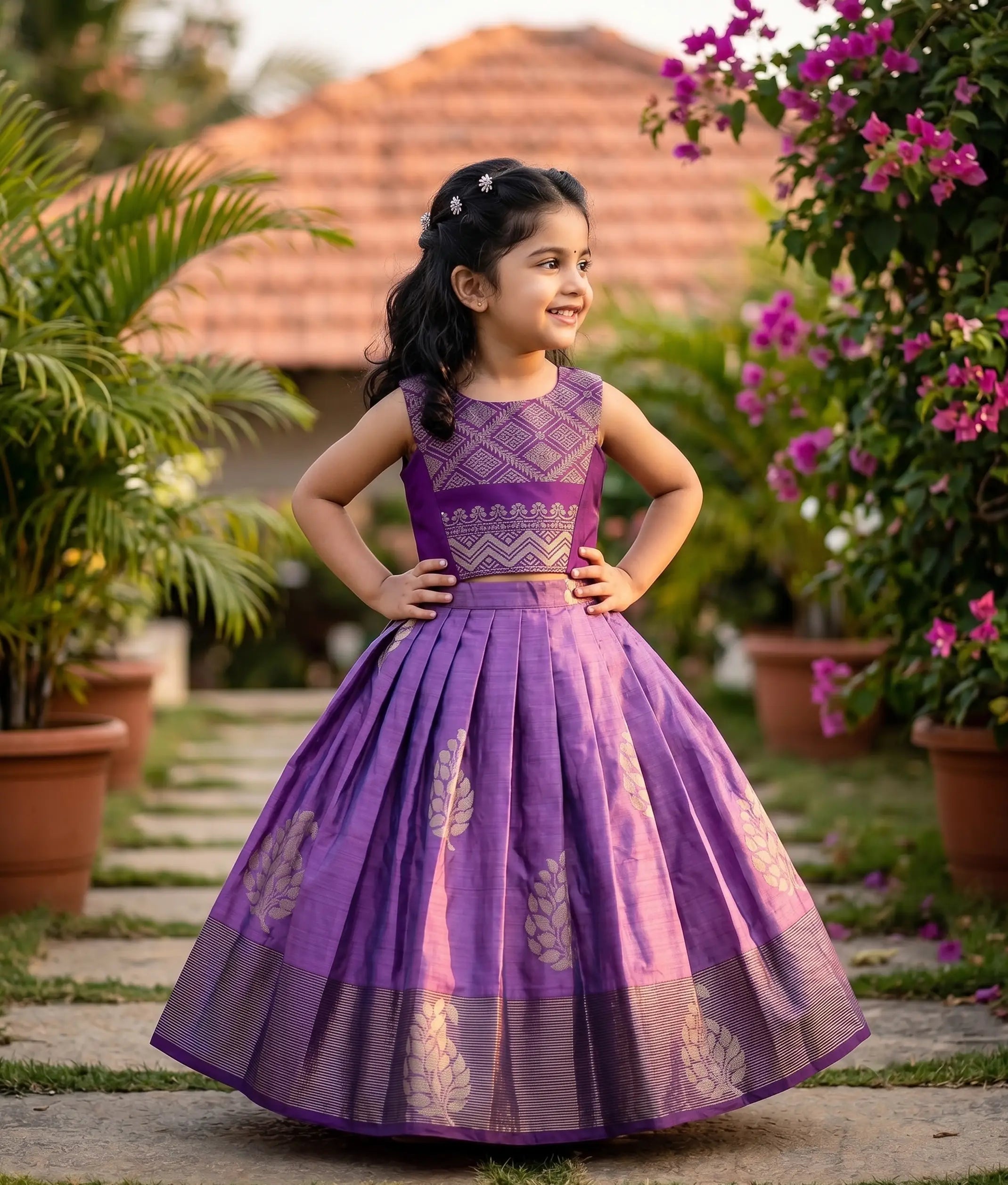 Purple Kanchipuram Silk Skirt and Top for Baby Girl [6482]
