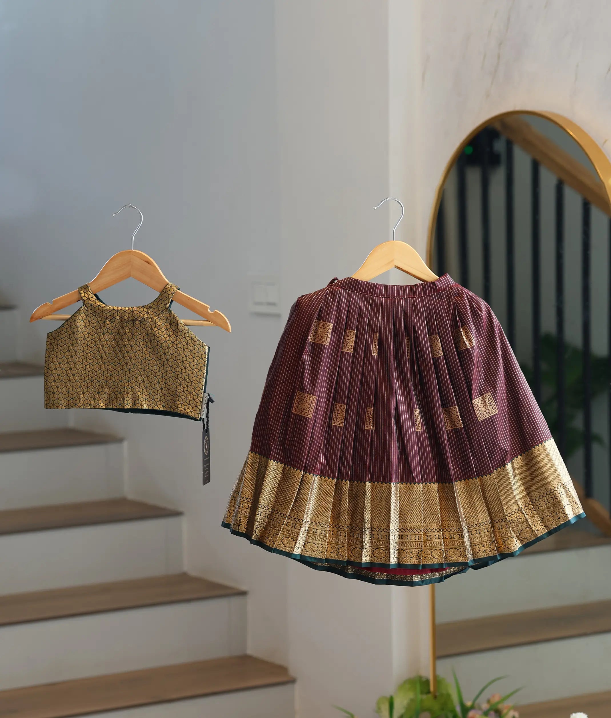 Gold and Maroon Kanchipuram Silk Skirt and Top for Baby Girl [6483]