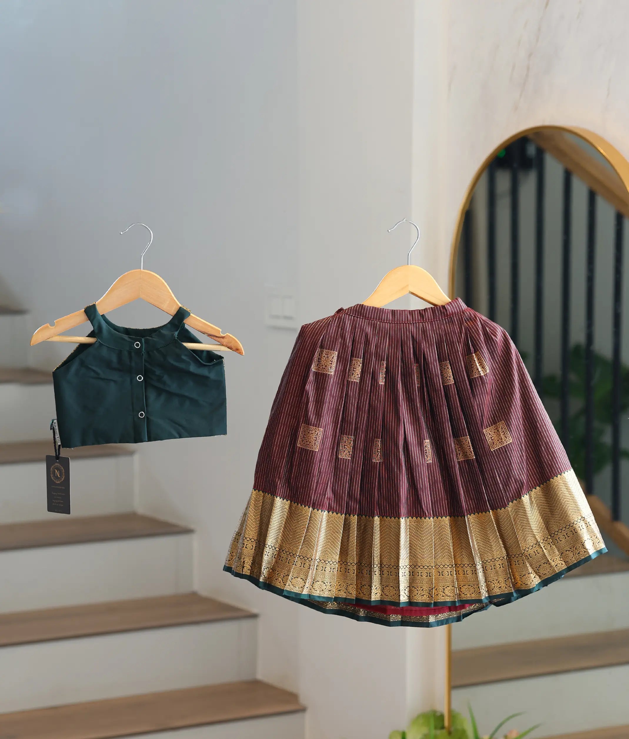 Gold and Maroon Kanchipuram Silk Skirt and Top for Baby Girl [6483]