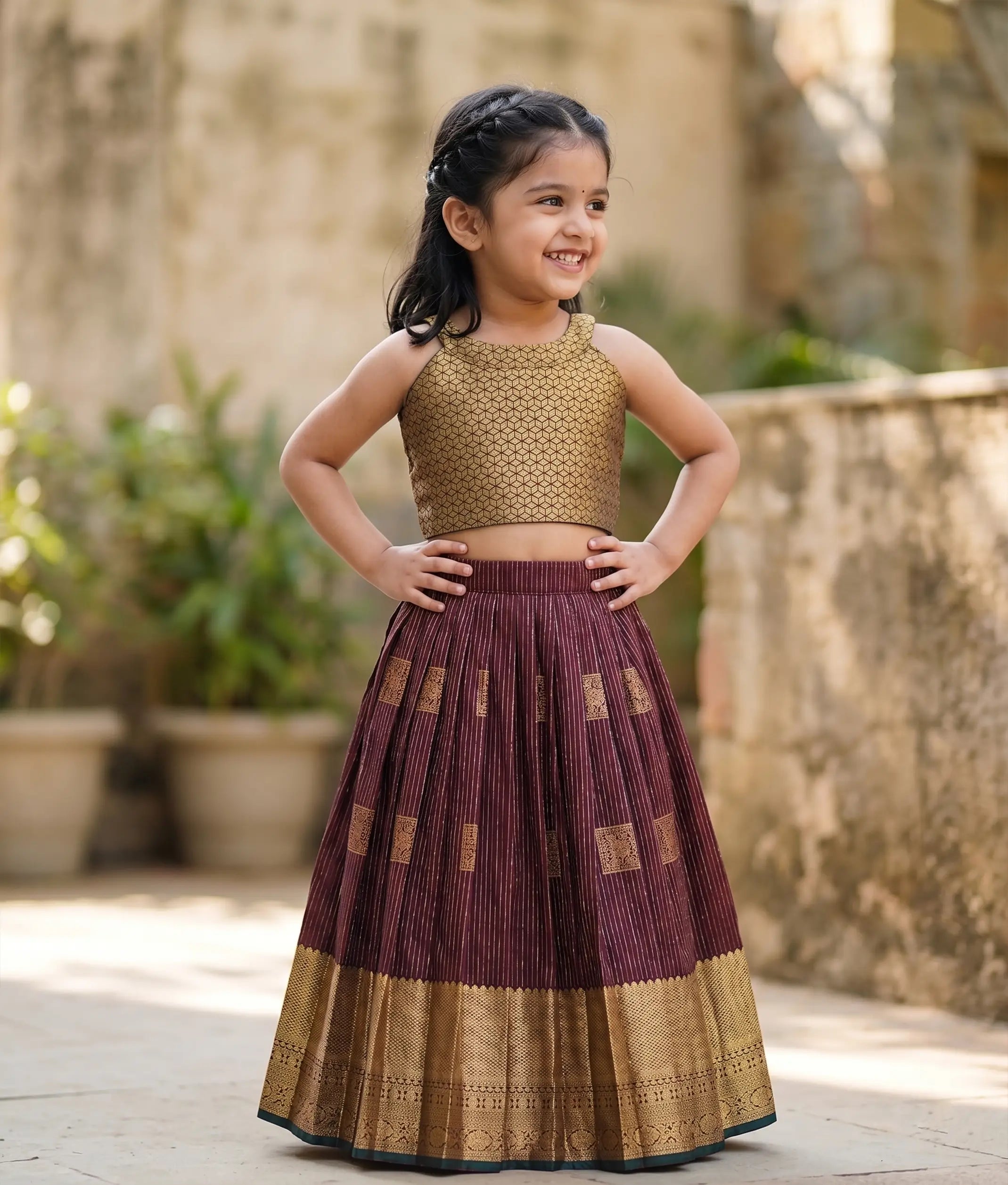 Gold and Maroon Kanchipuram Silk Skirt and Top for Baby Girl [6483]