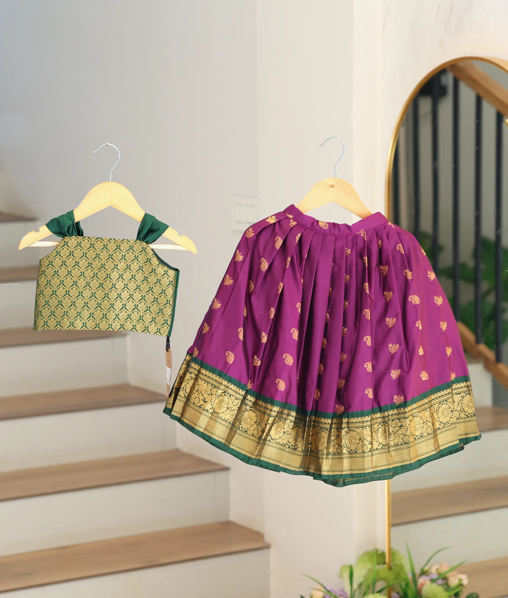 Purple and Green Kanchipuram Silk Skirt and Top for Baby Girl [6484]