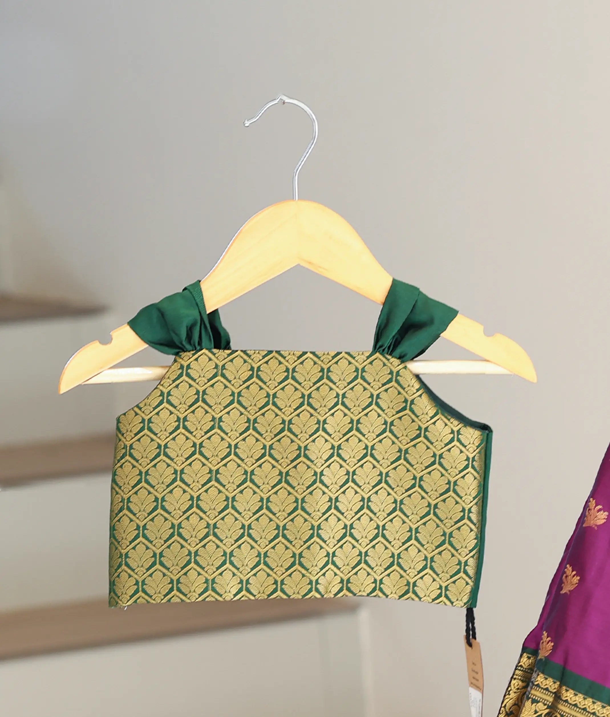 Purple and Green Kanchipuram Silk Skirt and Top for Baby Girl [6484]