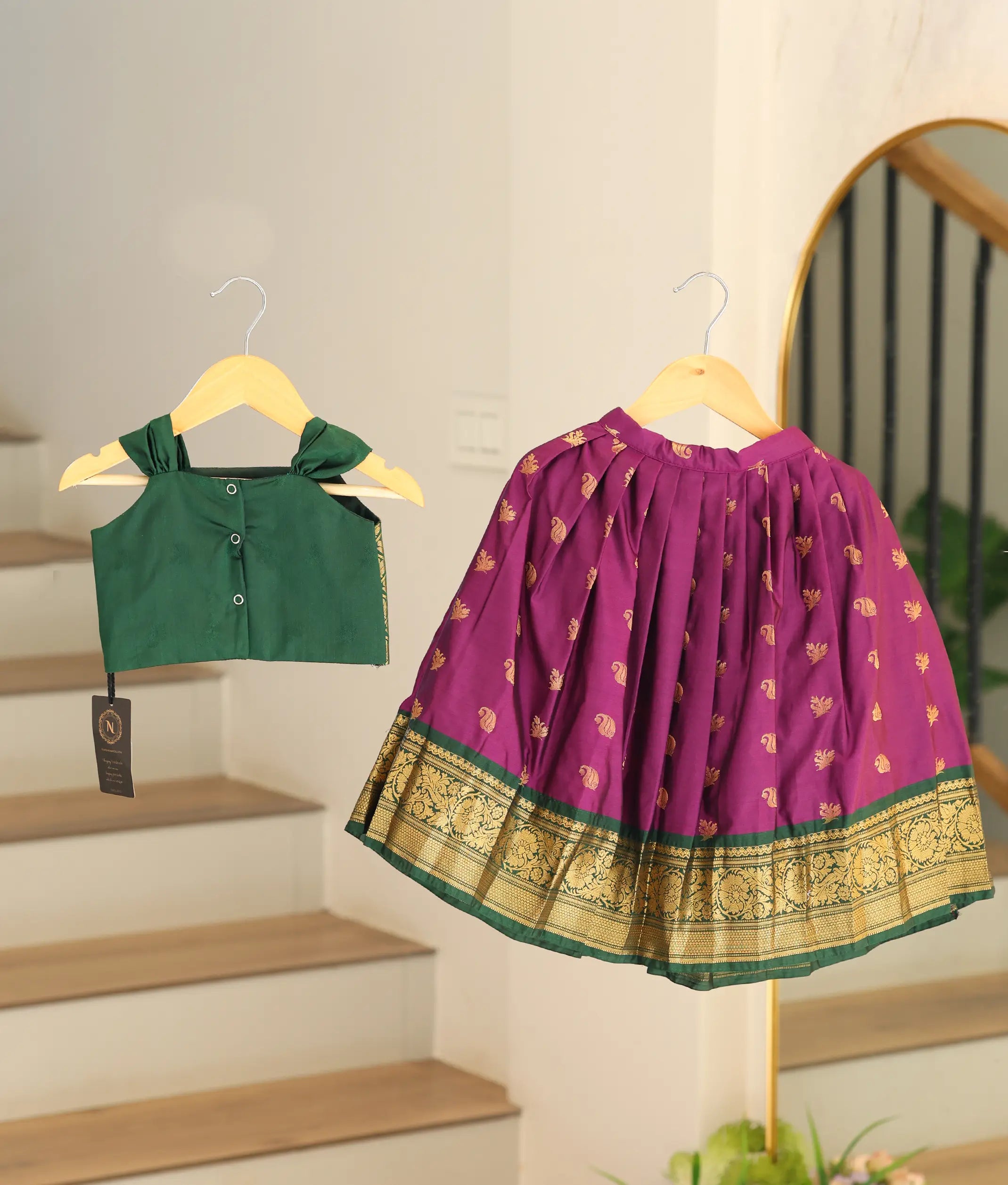 Purple and Green Kanchipuram Silk Skirt and Top for Baby Girl [6484]