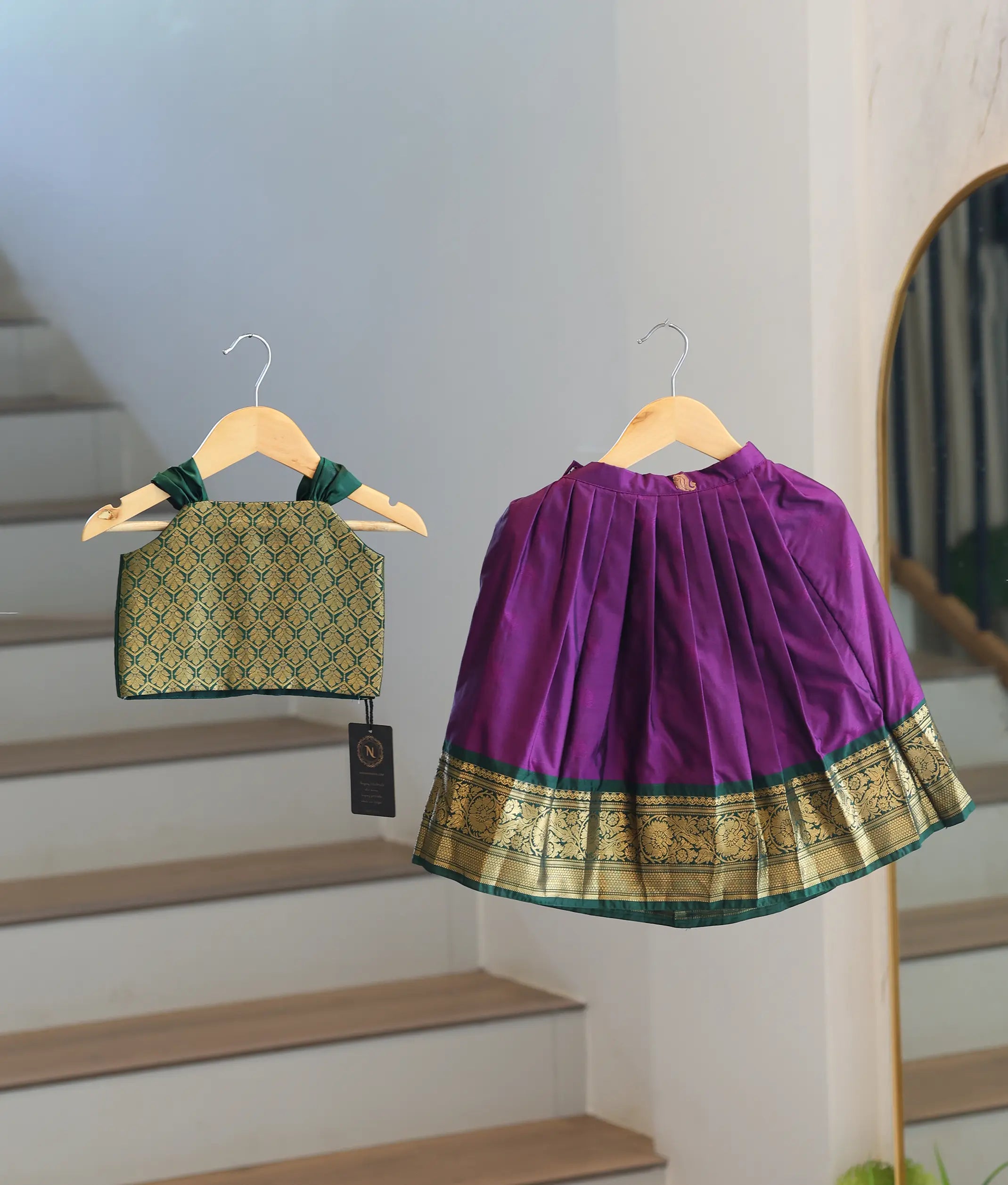Purple and Green Kanchipuram Silk Skirt and Top for Baby Girl [6484A]
