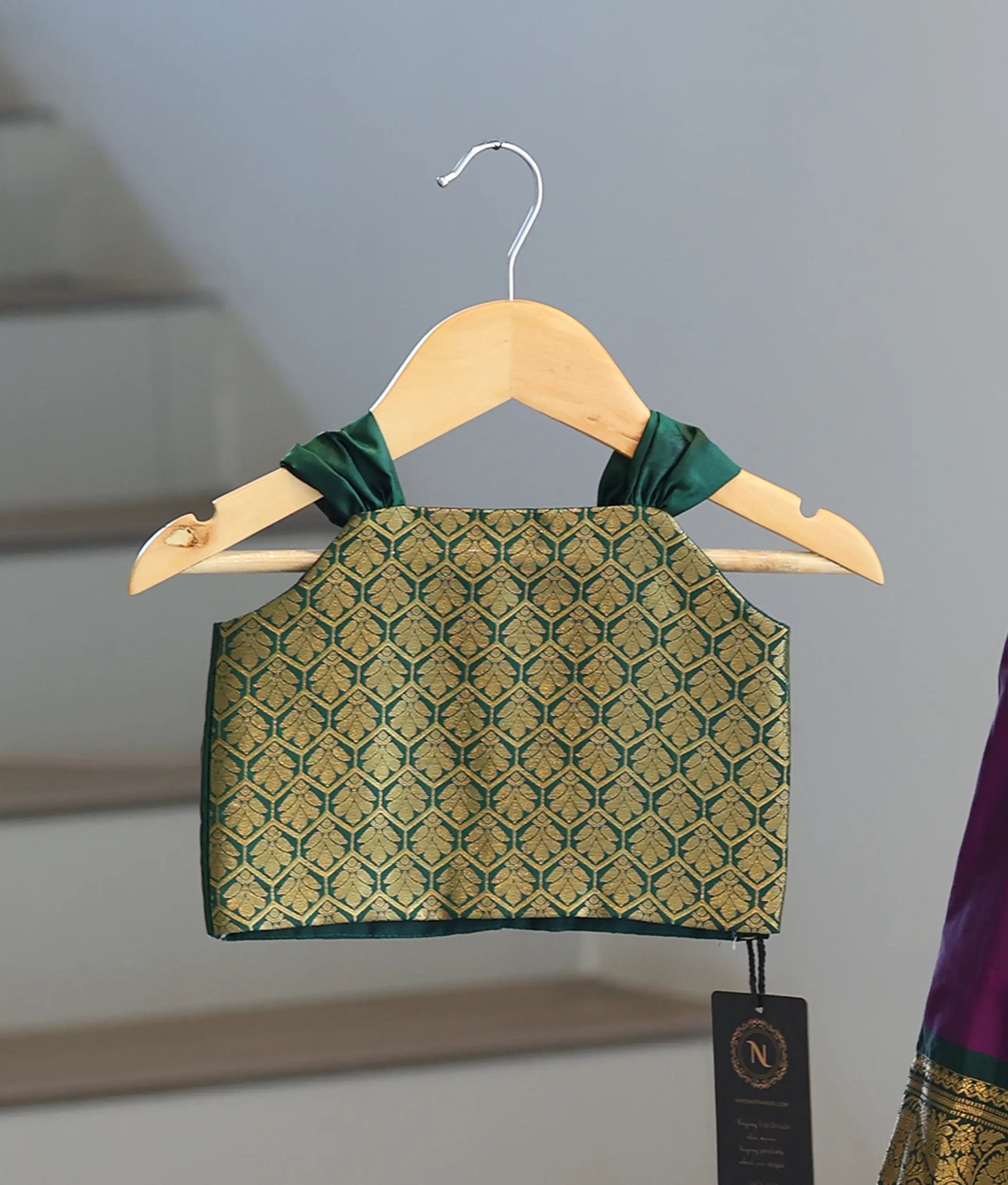 Purple and Green Kanchipuram Silk Skirt and Top for Baby Girl [6484A]