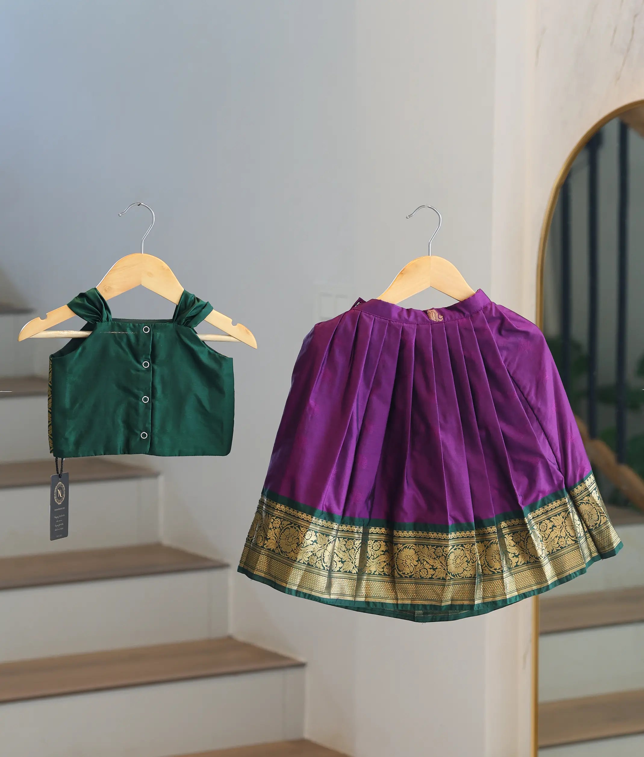 Purple and Green Kanchipuram Silk Skirt and Top for Baby Girl [6484A]