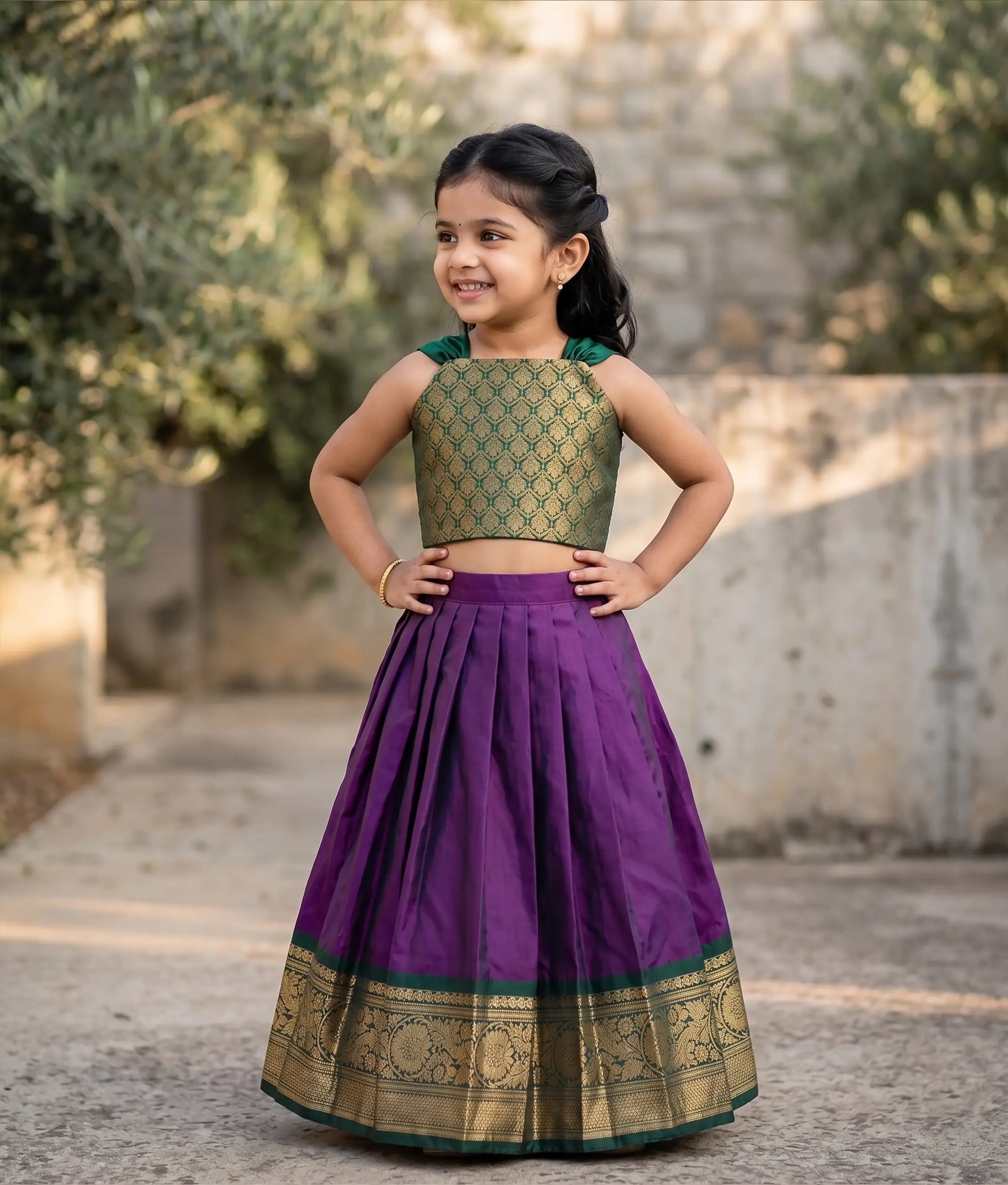 Purple and Green Kanchipuram Silk Skirt and Top for Baby Girl [6484A]