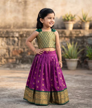 Purple and Green Kanchipuram Silk Skirt and Top for Baby Girl [6484]