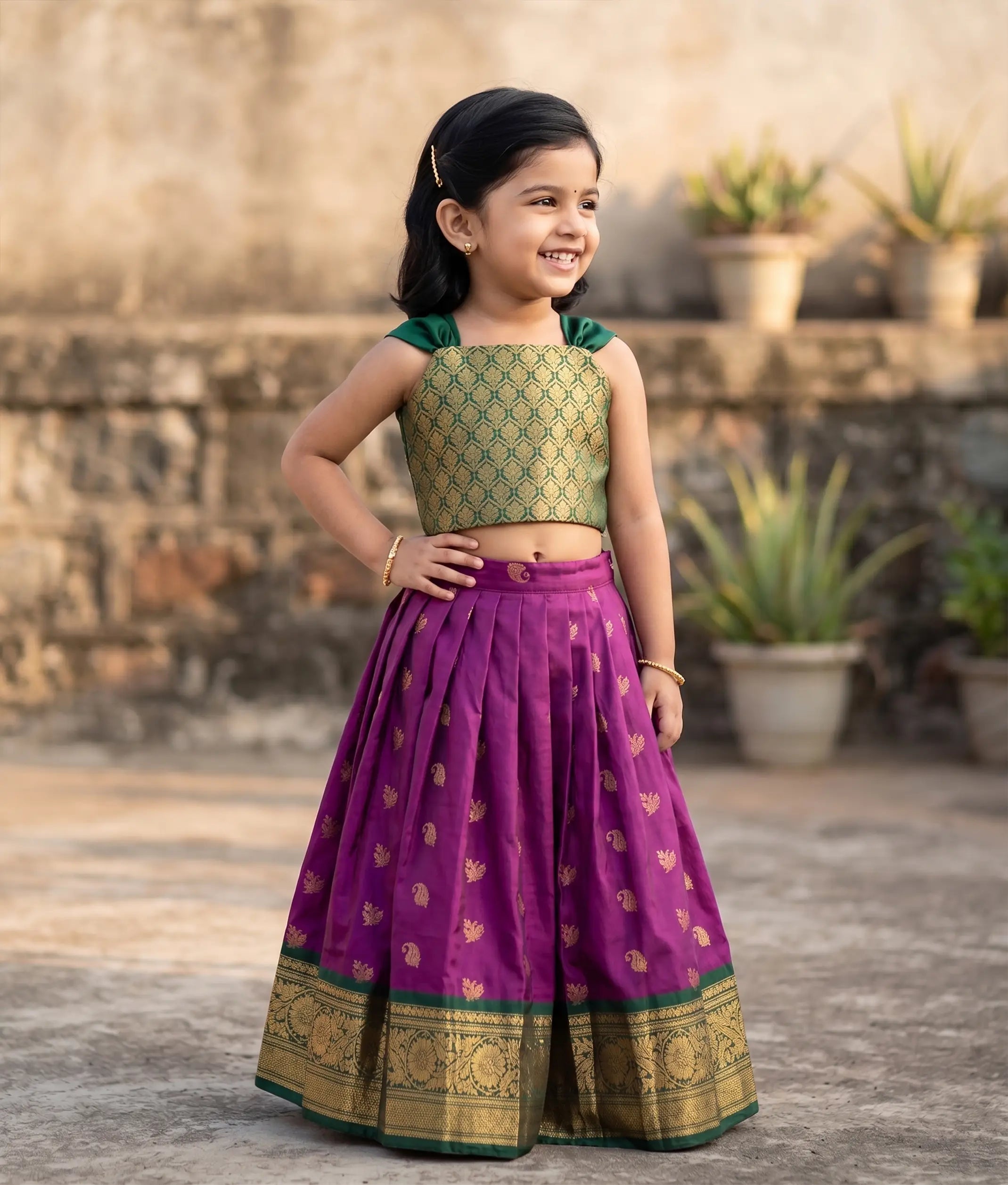 Purple and Green Kanchipuram Silk Skirt and Top for Baby Girl [6484]