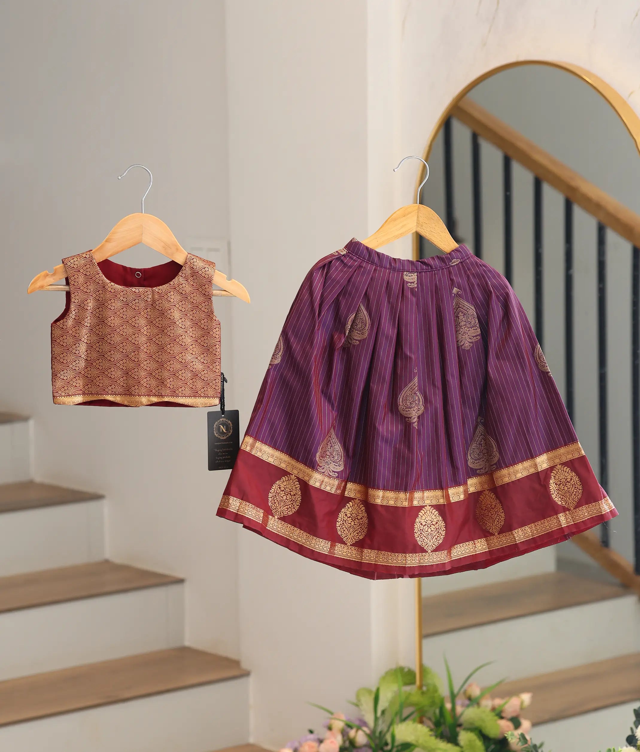 Purple and Maroon Kanchipuram Silk Skirt and Top for Baby Girl [6485]